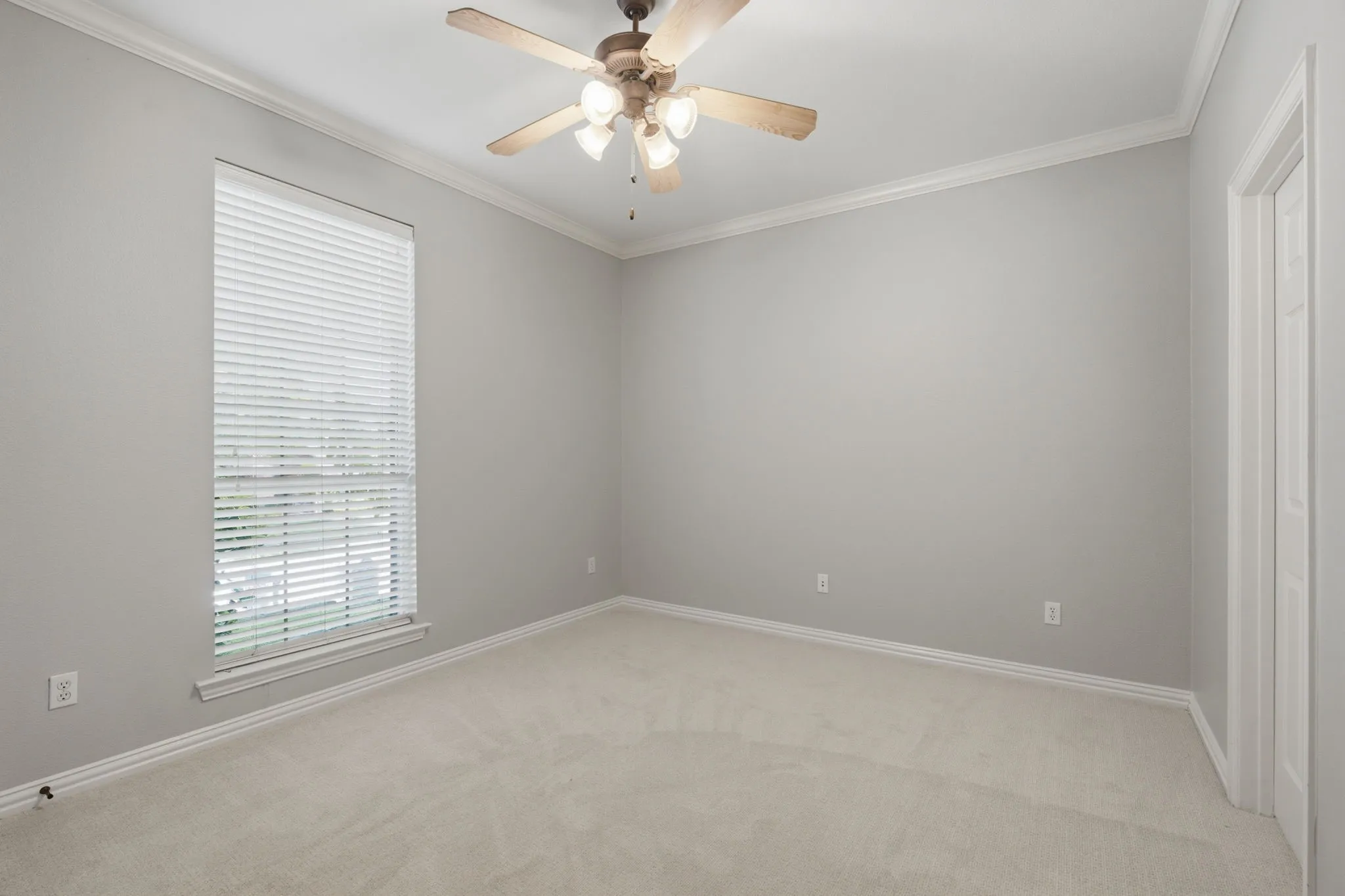 This spacious downstairs secondary bedroom features convenient access to an ensuite bathroom through a private entrance on the right side of the room, complemented by a large window that offers a charming and clear view of the front yard area.