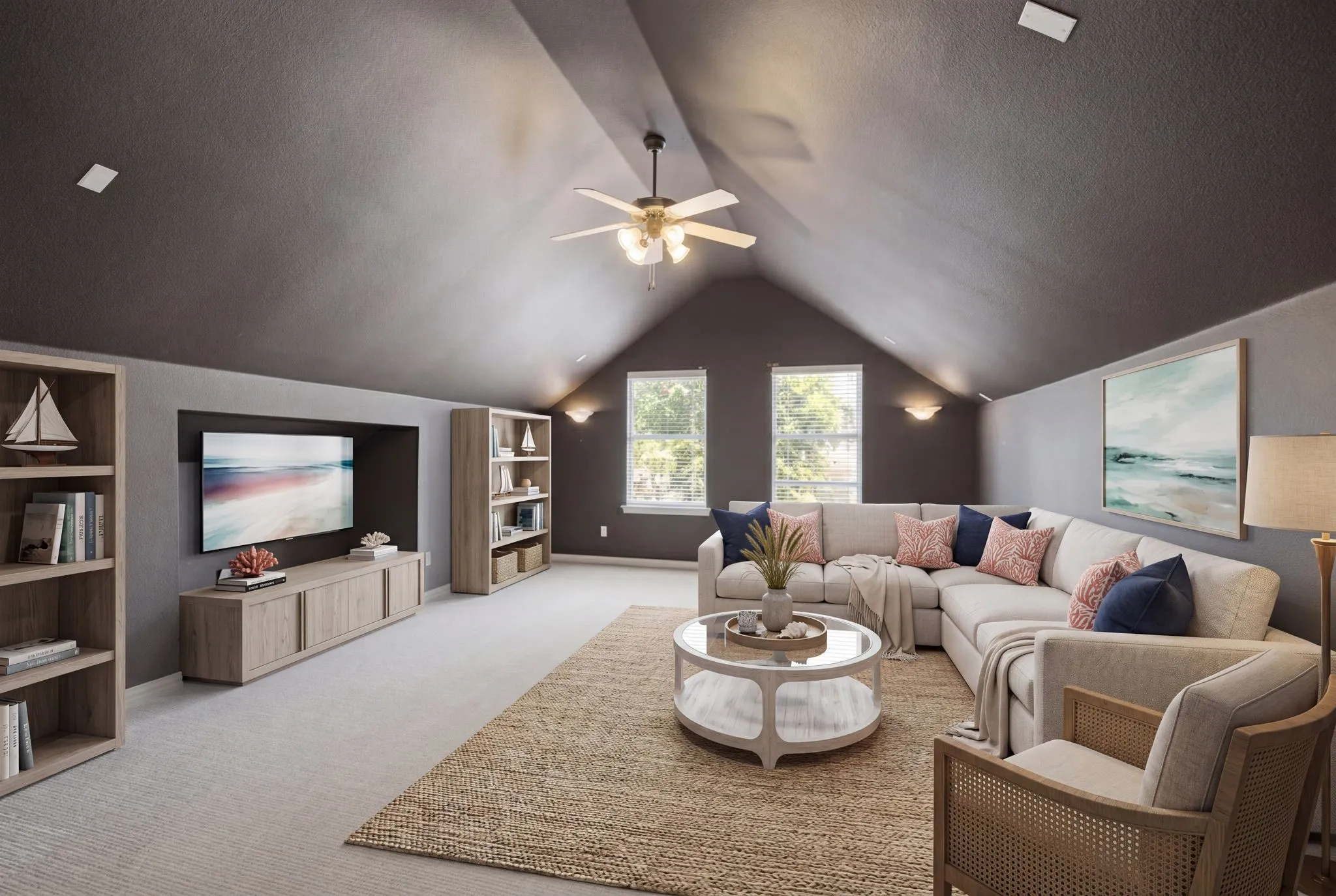 Step down into this expansive and inviting media room, which serves as a versatile focal point for the home. The inclusion of windows in this space ensures an opportunity for natural light, offering homeowners excellent flexibility for how they choose to utilize the room—whether as a high-end home theater, a comfortable den, or a multi-purpose entertainment area.