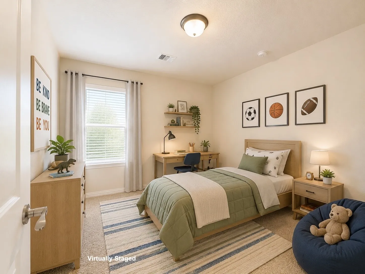 Carpeted room featuring a window with blinds, a ceiling-mounted light fixture, and a built-in wall shelf
