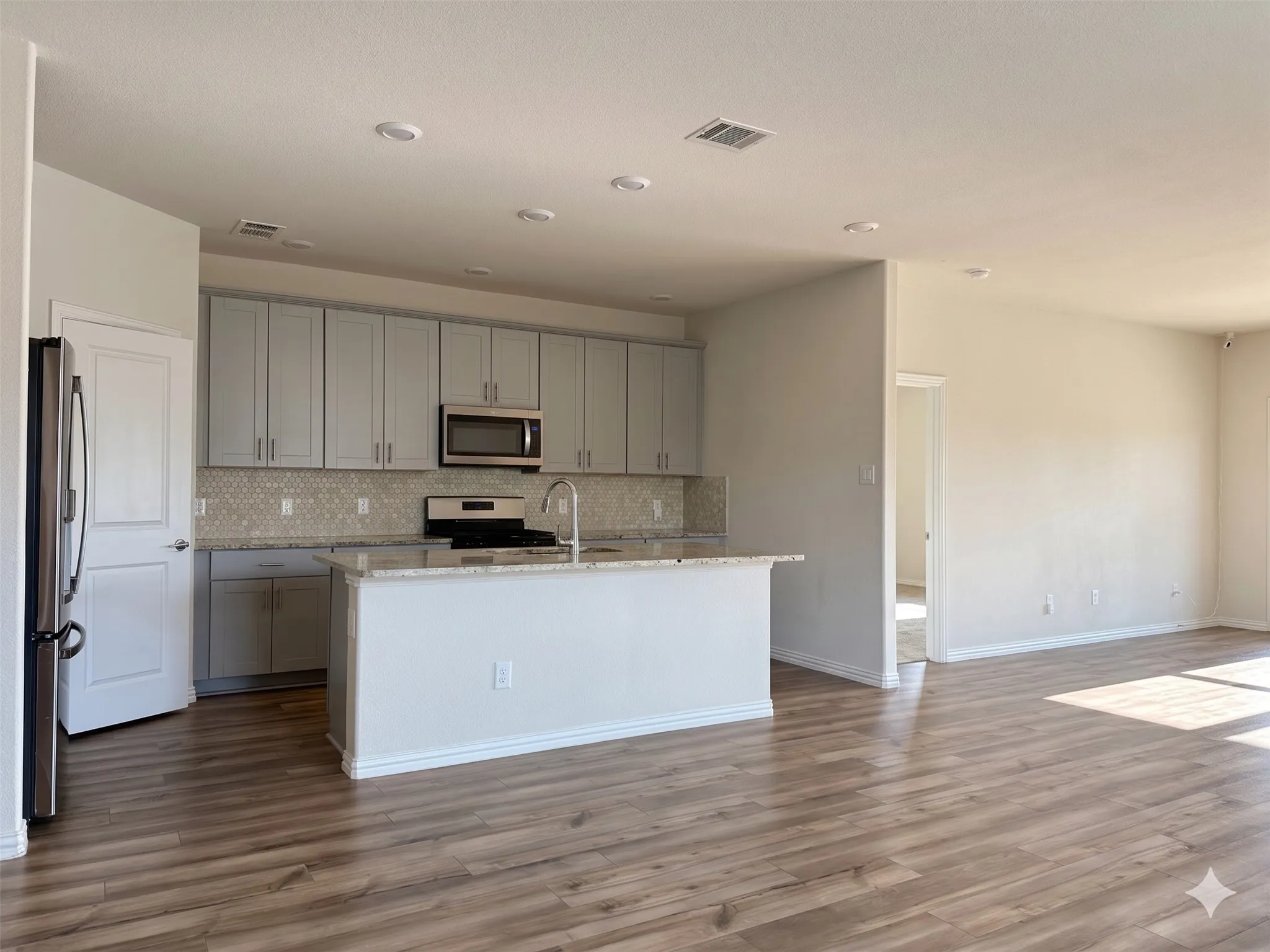 Open-concept living space featuring wood-finish flooring, a kitchen island, grey shaker-style cabinetry, stainless steel appliances, and recessed lighting