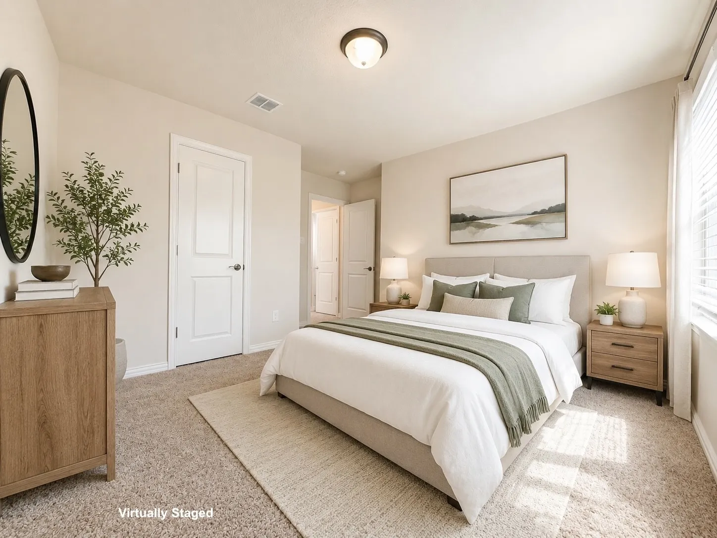 Carpeted bedroom featuring neutral wall tones and a ceiling-mounted light fixture