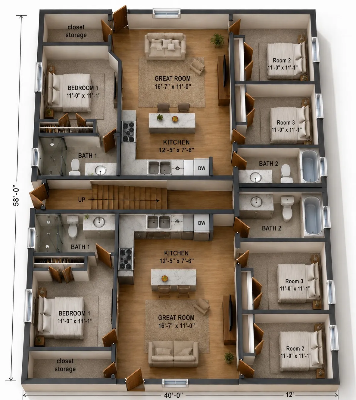 AI floor plan of two units downstairs of the fourplex