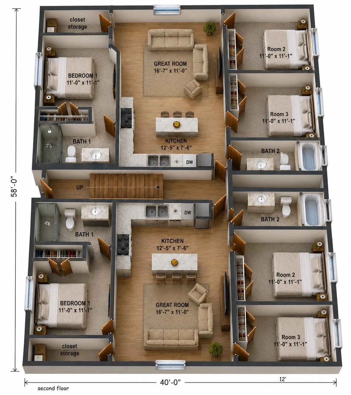 AI floor plan of two units upstairs of the fourplex