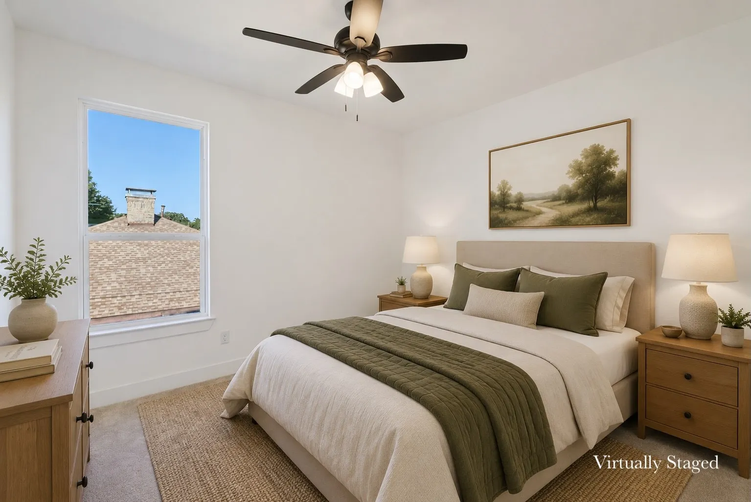 Bright room featuring a ceiling fan, a window with exterior views, and neutral wall tones