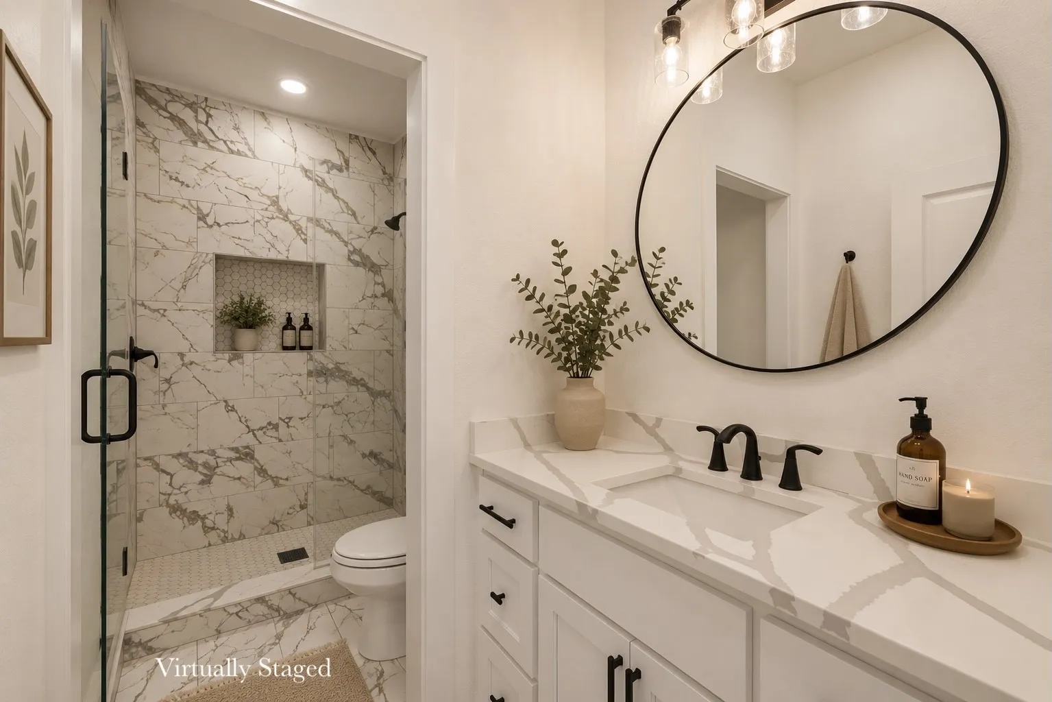 Bathroom featuring a white vanity with integrated sink, a large round mirror with a black frame, and a three-light fixture