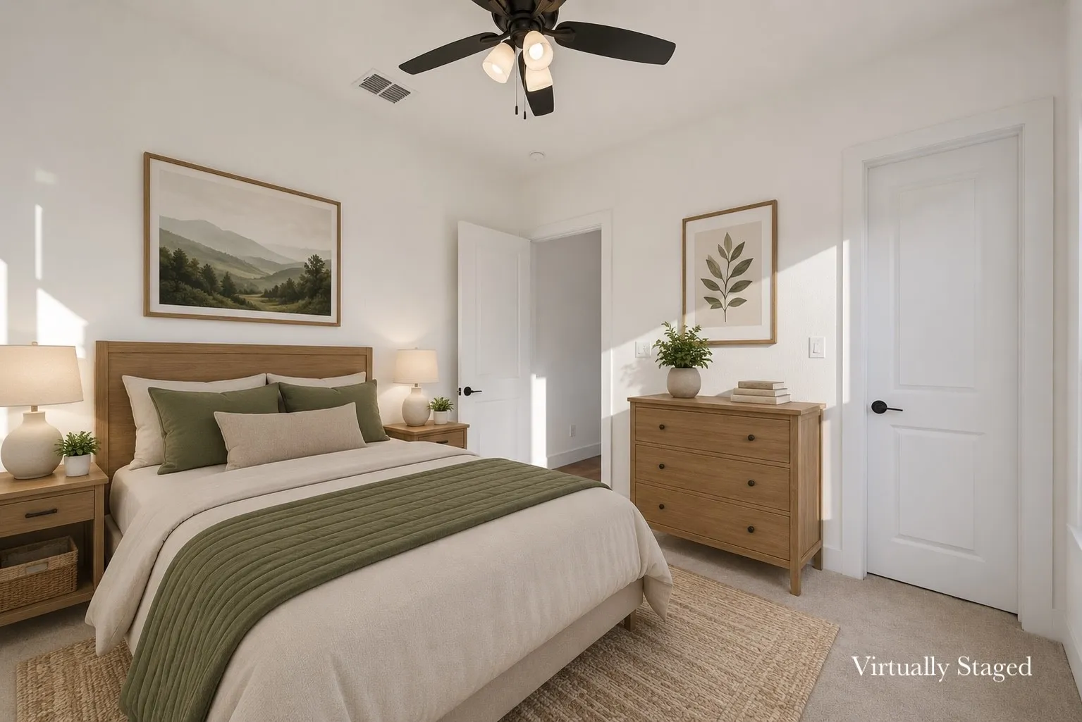 Carpeted bedroom featuring a ceiling fan with integrated lighting, two white panel doors, and a neutral color palette