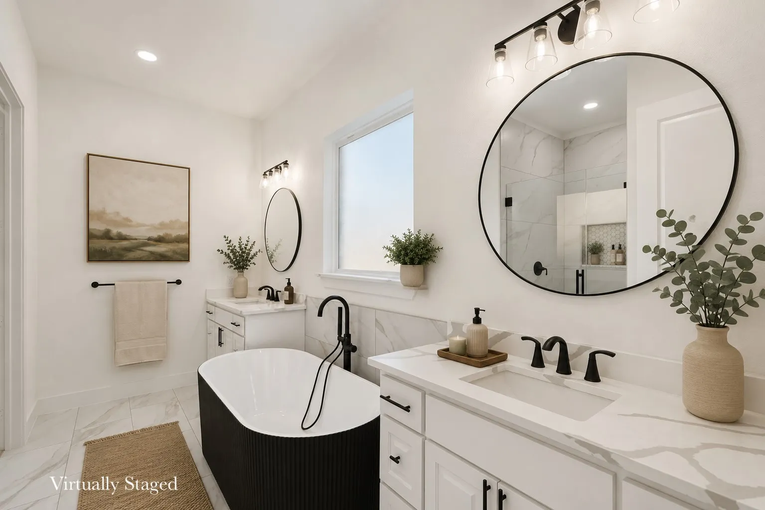 Dual white vanity with undermount sinks and black hardware