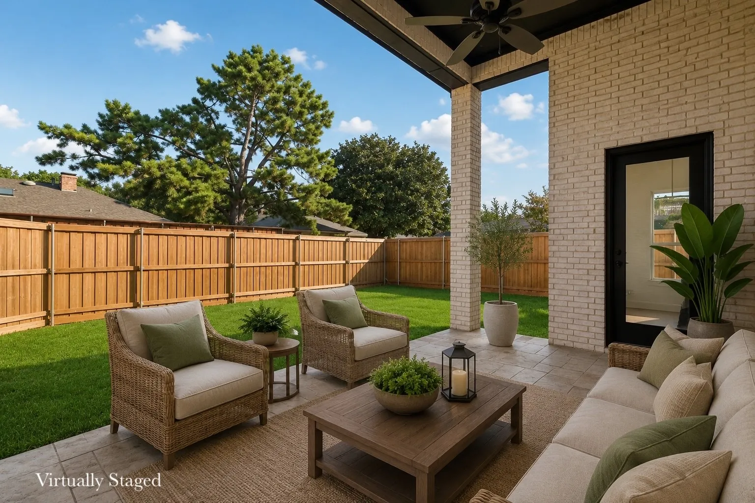 Covered patio featuring a ceiling fan and light-colored brick exterior