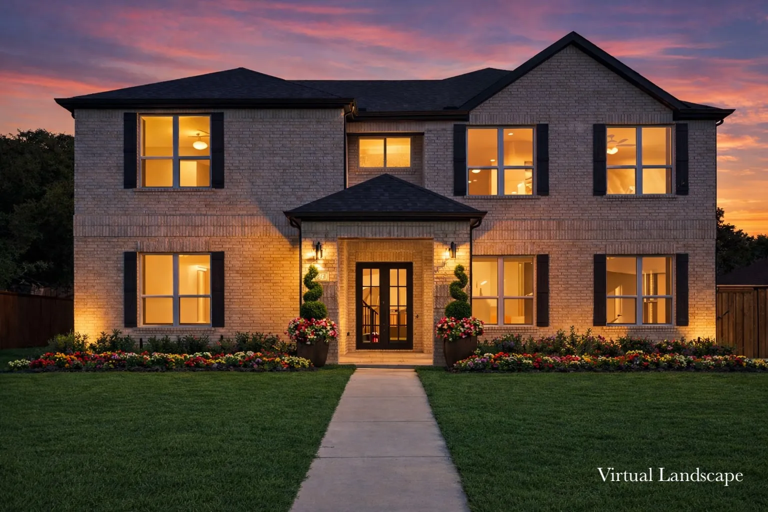 Brick exterior featuring a dark asphalt shingle roof