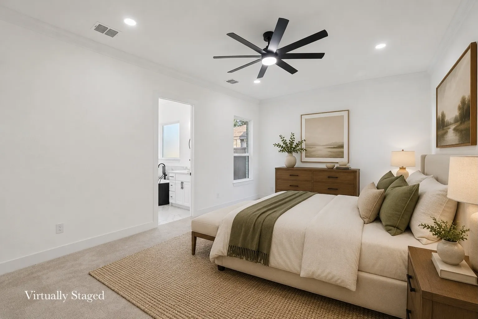 Carpeted bedroom featuring a contemporary black ceiling fan with integrated lighting, recessed overhead lighting, crown molding, and a window providing natural light