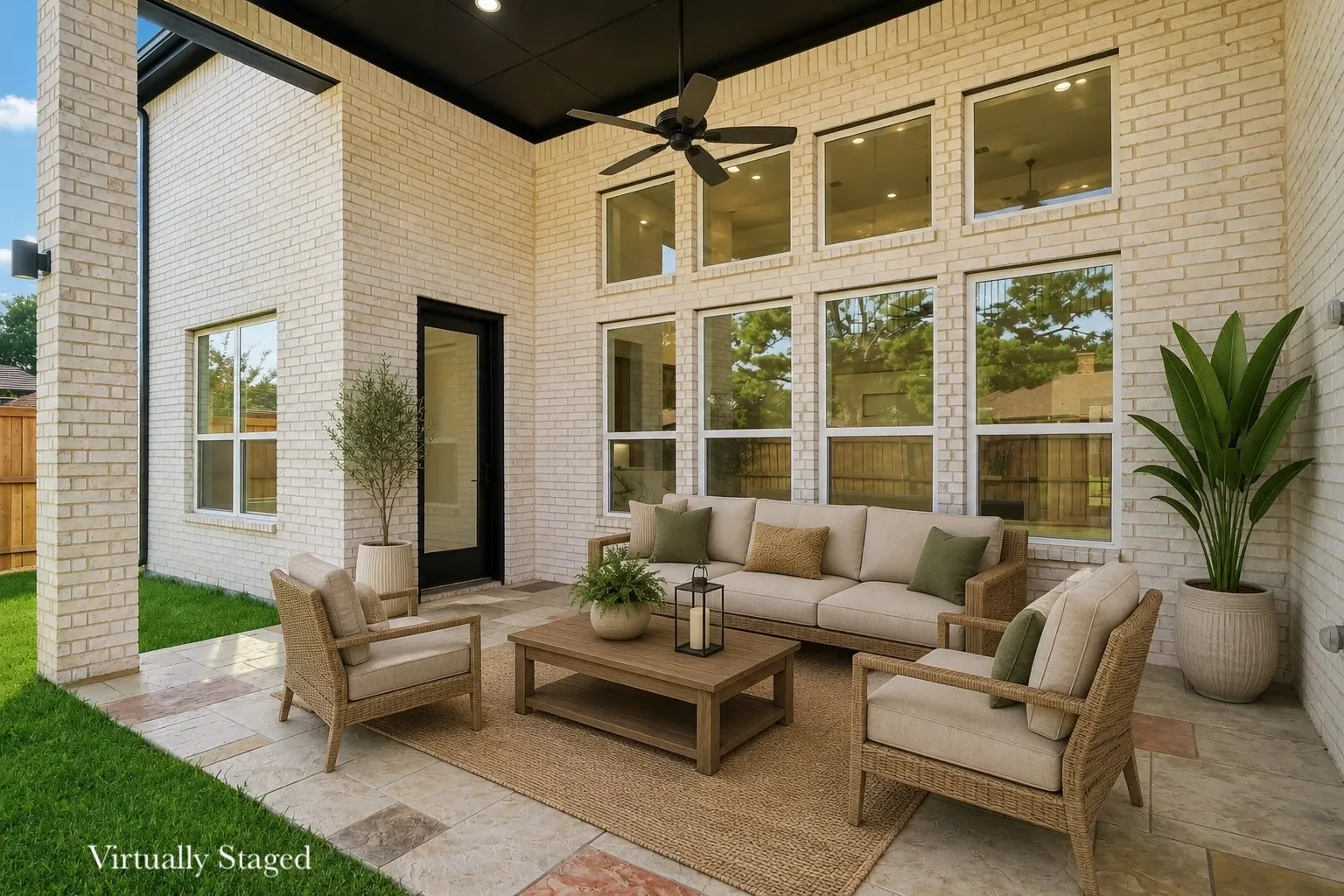 Expansive covered patio featuring a black ceiling fan, light-colored brick exterior, a wall of large windows, and a black-framed glass door