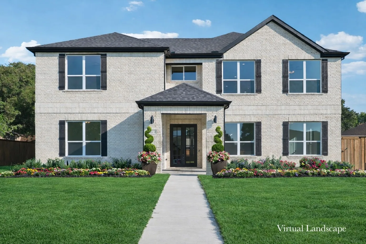 Two-story brick exterior featuring a covered entry, dark shingled roof, black shutters, and a concrete walkway