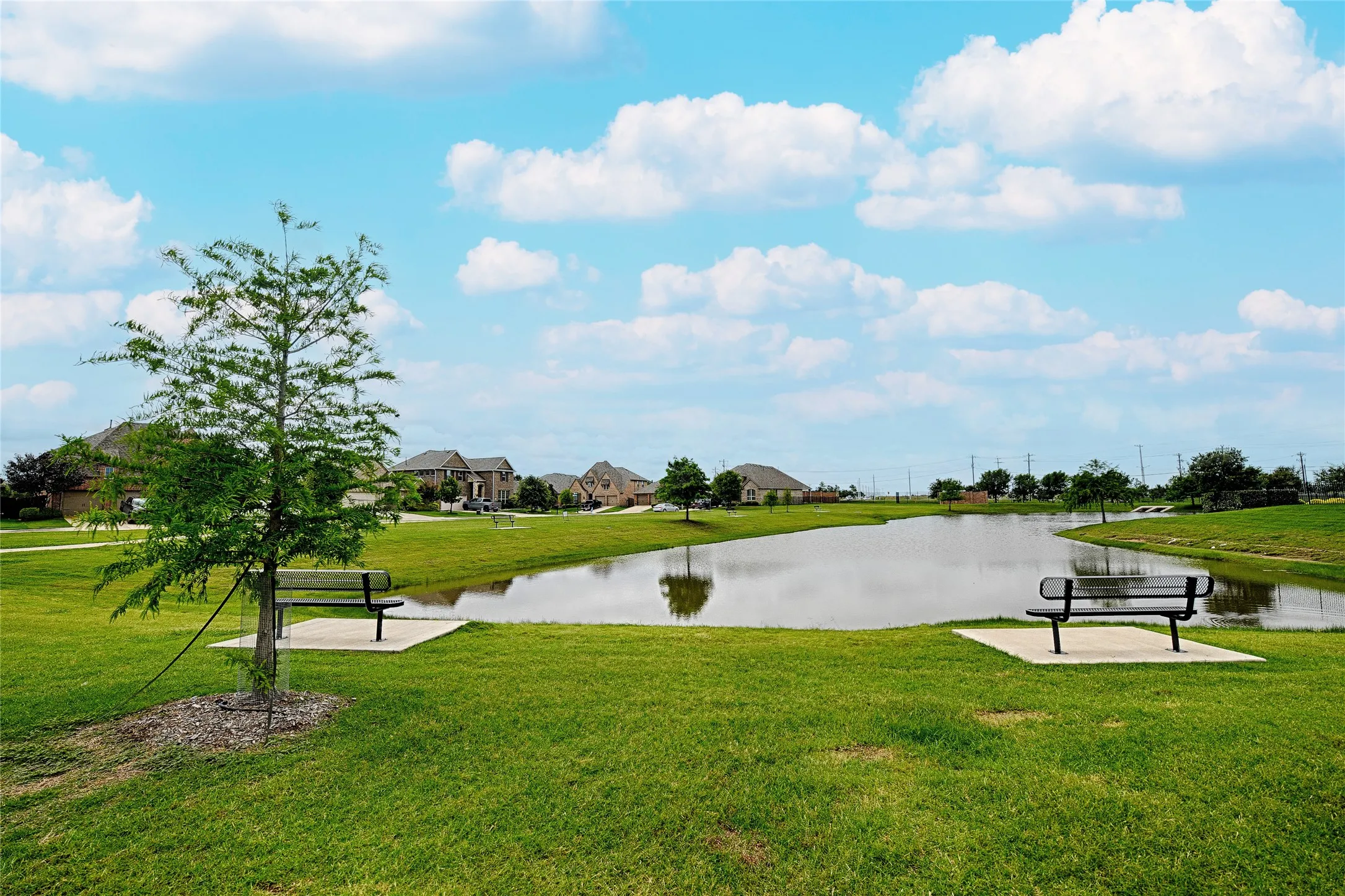 Expansive green space featuring a large pond and two park benches on concrete pads