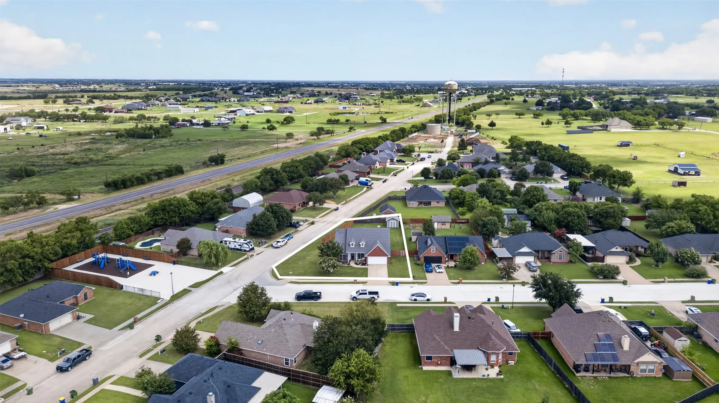 Aerial perspective showcasing a residential neighborhood with varied architectural styles
