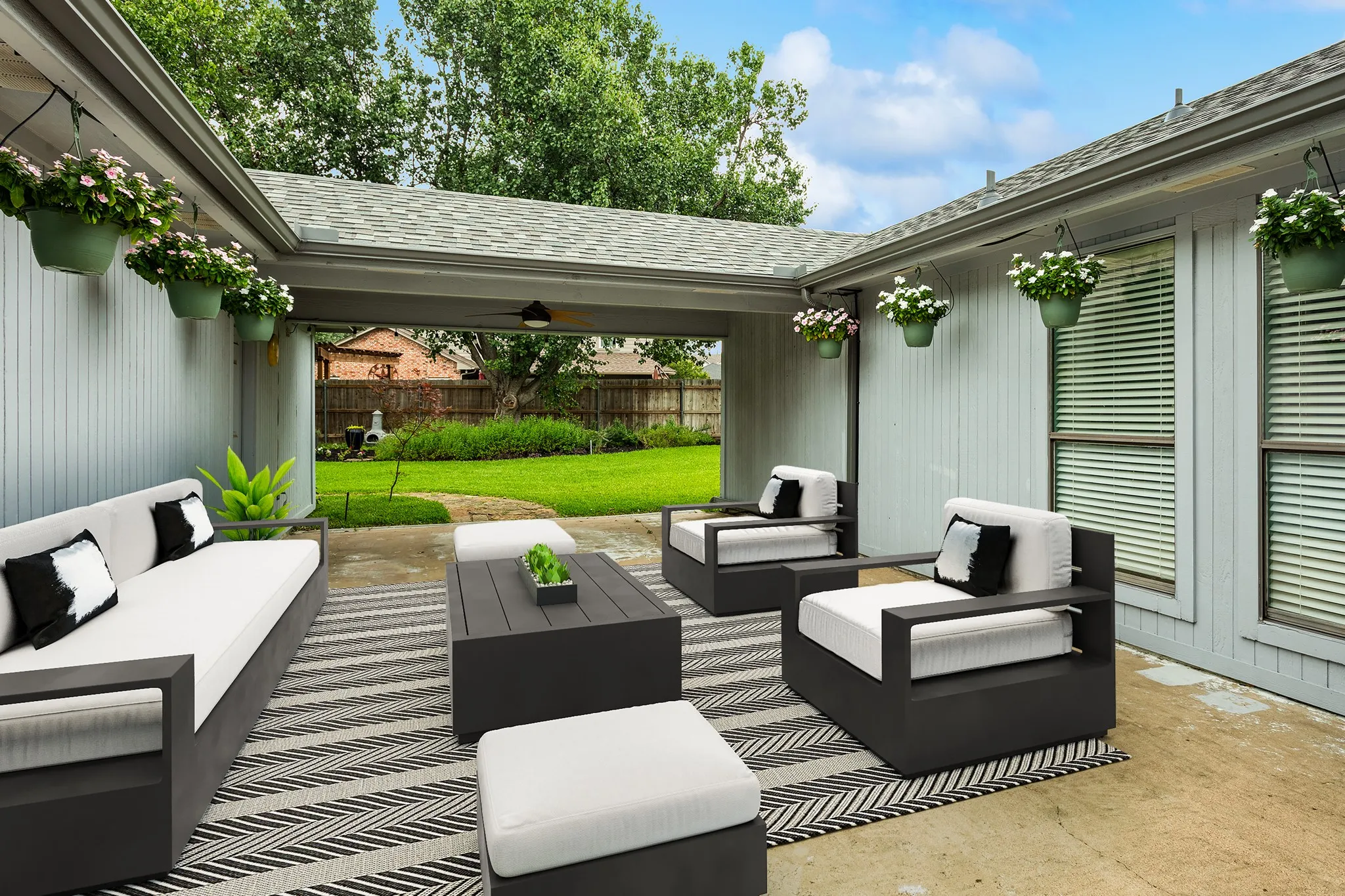 Step outside to your private backyard dream, where covered & uncovered patio spaces total approximately 26x15 & create the perfect setting for relaxing or gatherings. The furniture and decor in this photo has been virtually staged, not altering the room.