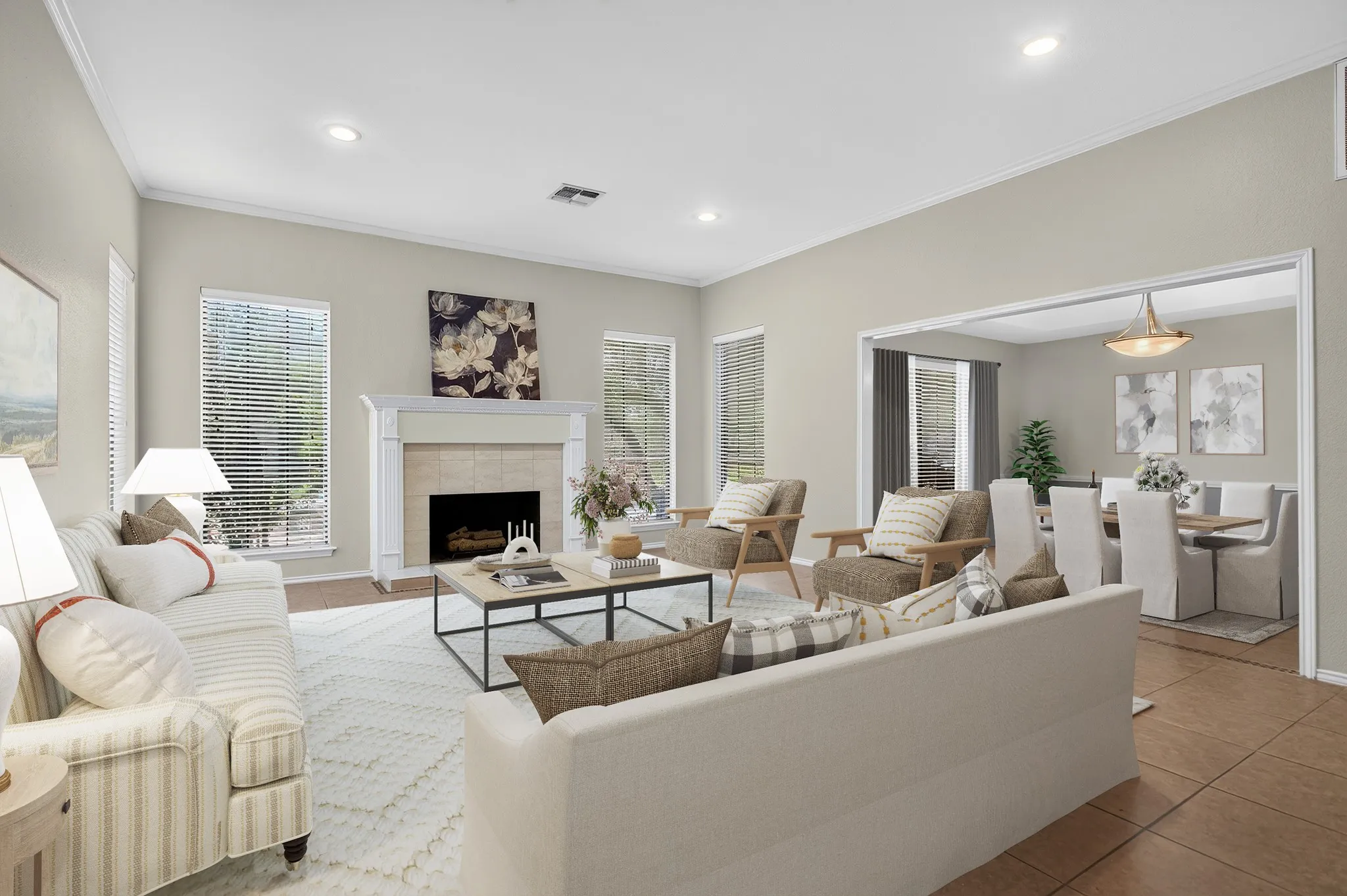 Thoughtfully designed with flowing living spaces, abundant storage, & flexible rooms that adapt to your lifestyle, this home offers the perfect balance of comfort, function & charm. With peaceful views & inviting spaces throughout, you'll feel at home from the moment you arrive. The furniture and decor in this photo has been virtually staged, not altering the room.