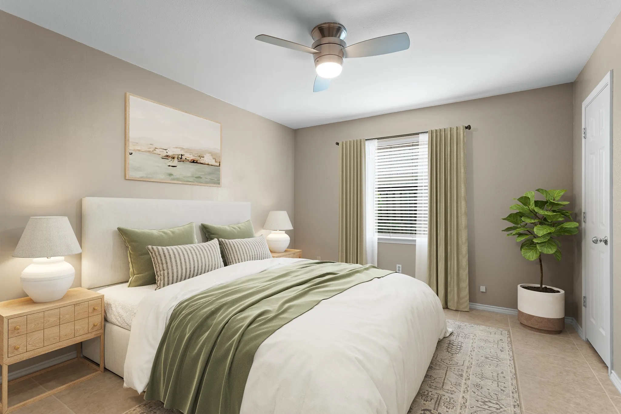 Two additional beds share an updated bath with granite countertops, white cabinetry & a seamless glass shower. The furniture and decor in this photo has been virtually staged, not altering the room.