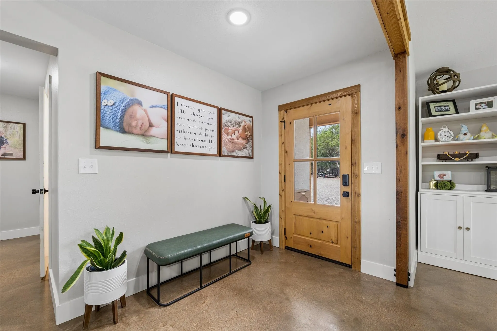 Natural wood-finish entry door with paneled glass inserts