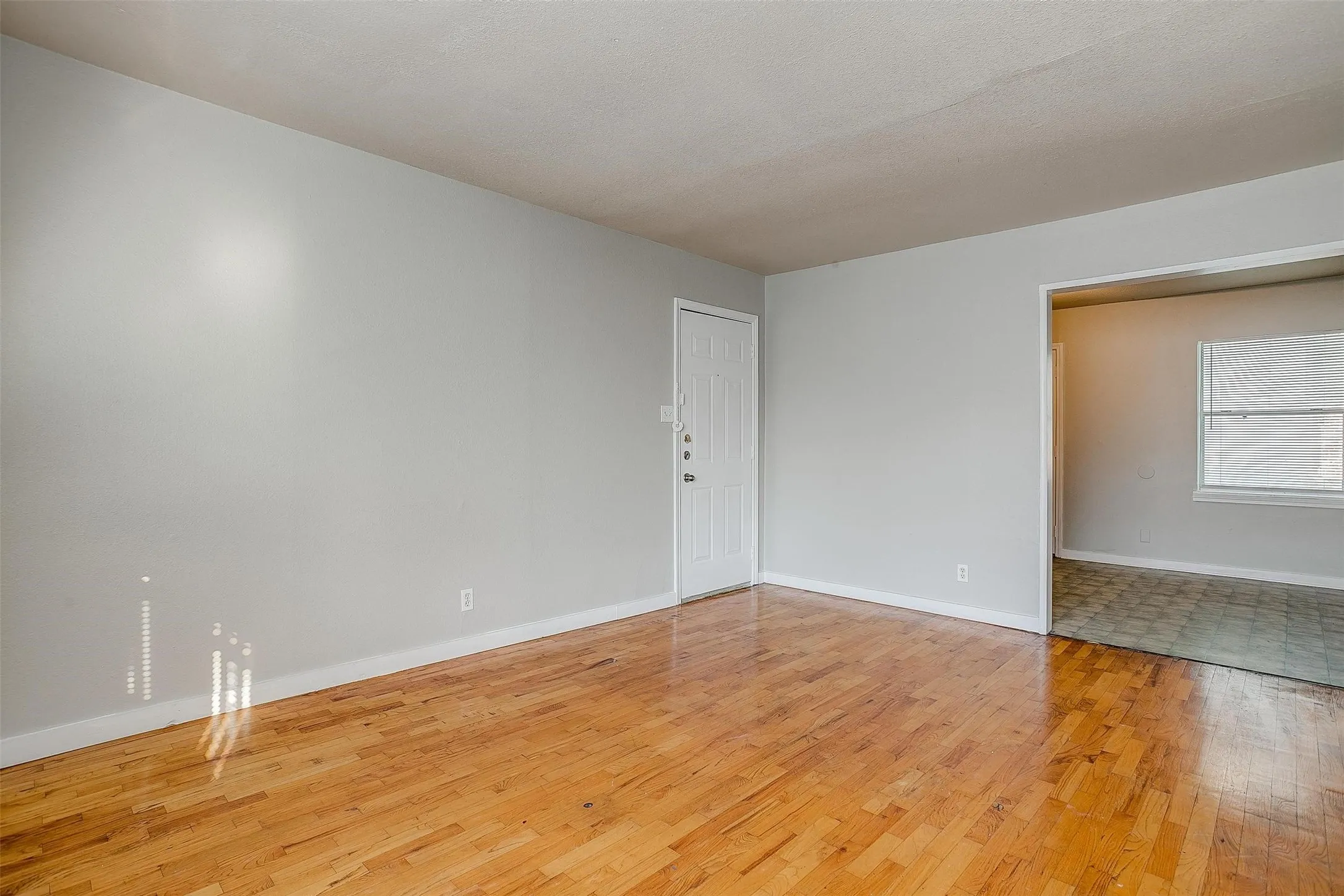 Spacious room featuring wood-finish flooring, light gray wall paint, and white baseboards