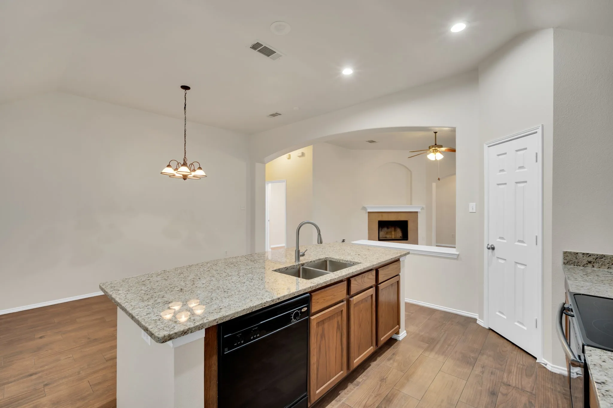 Kitchen island with brand new granite countertop and double stainless steel sink