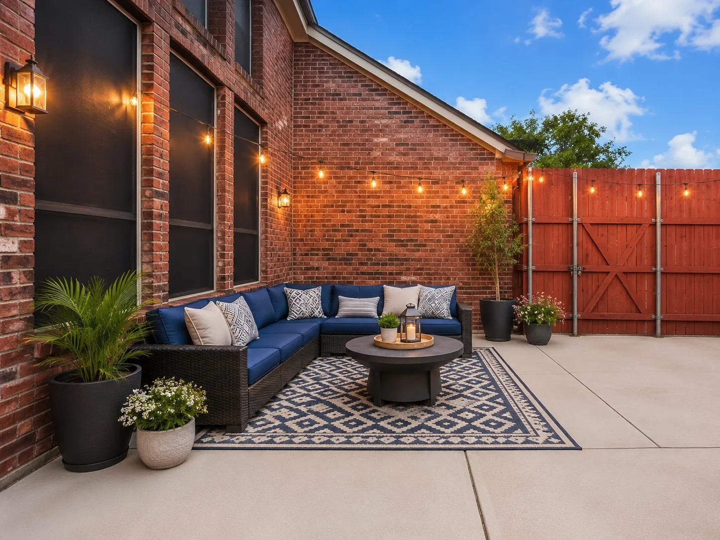 Virtually Staged
Spacious outdoor patio featuring a brick facade, privacy fence, and large concrete flooring