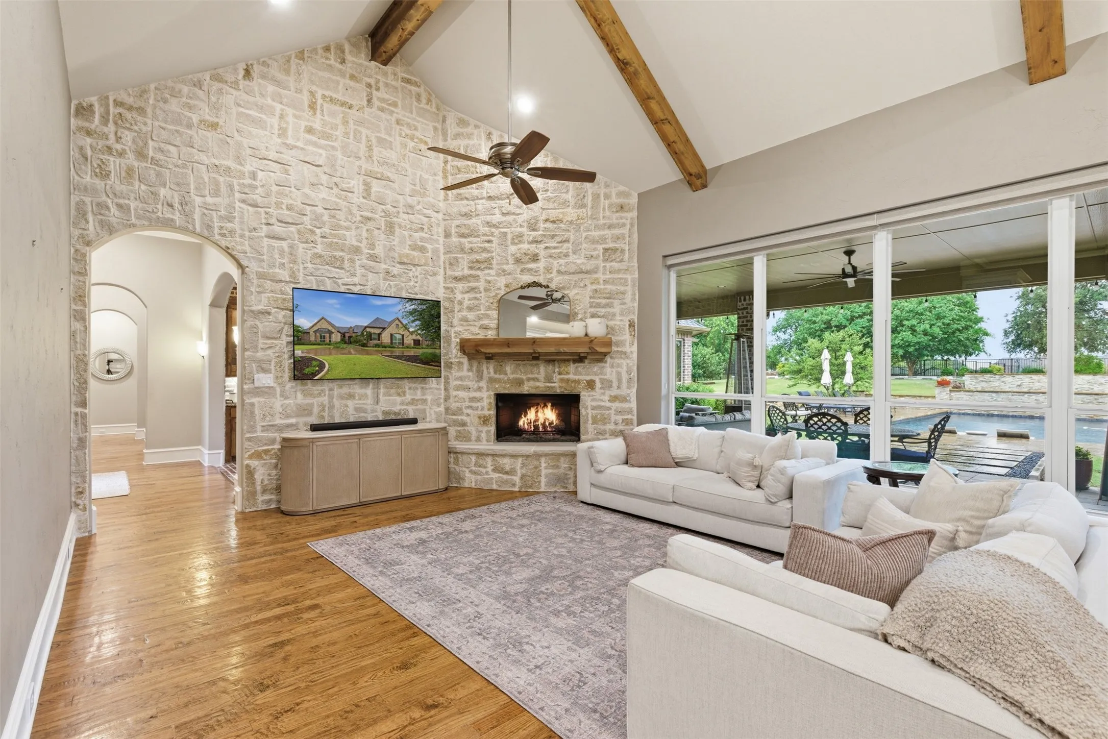 Vaulted ceiling with exposed wood beams