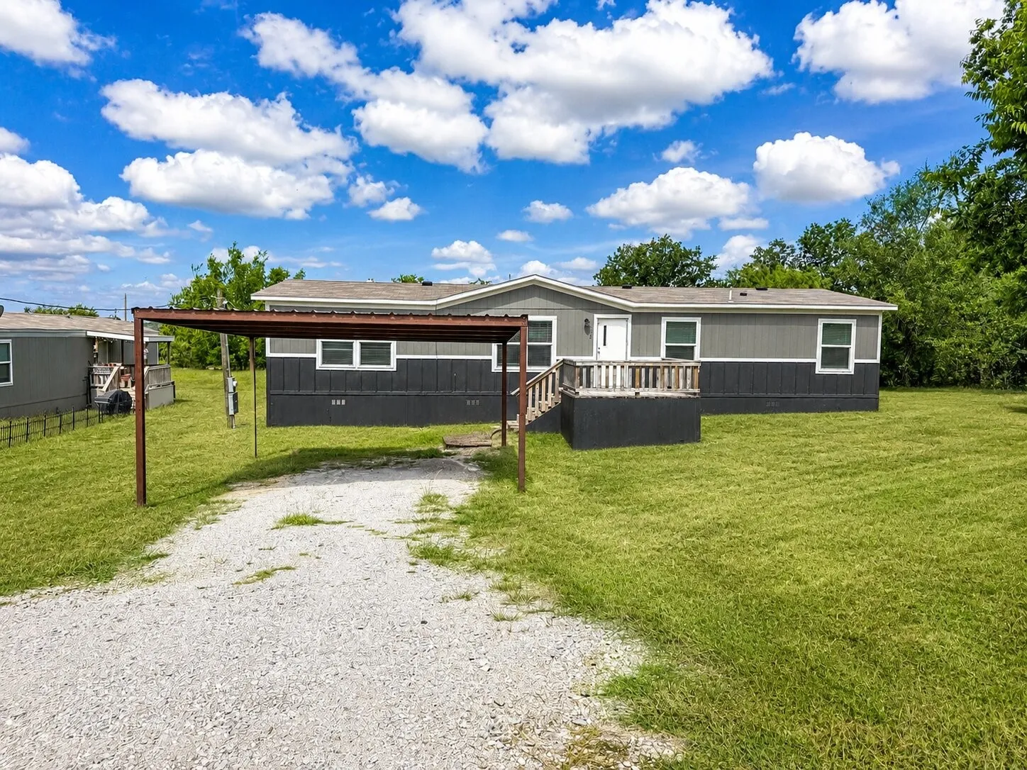 Gray and dark gray exterior with white trim