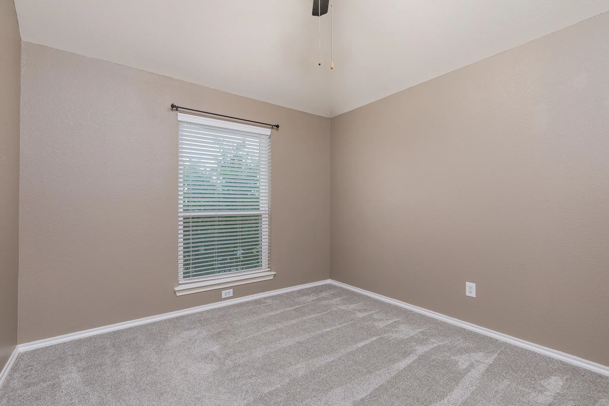 Carpeted room featuring a single window with blinds, a ceiling fan, and neutral-toned walls