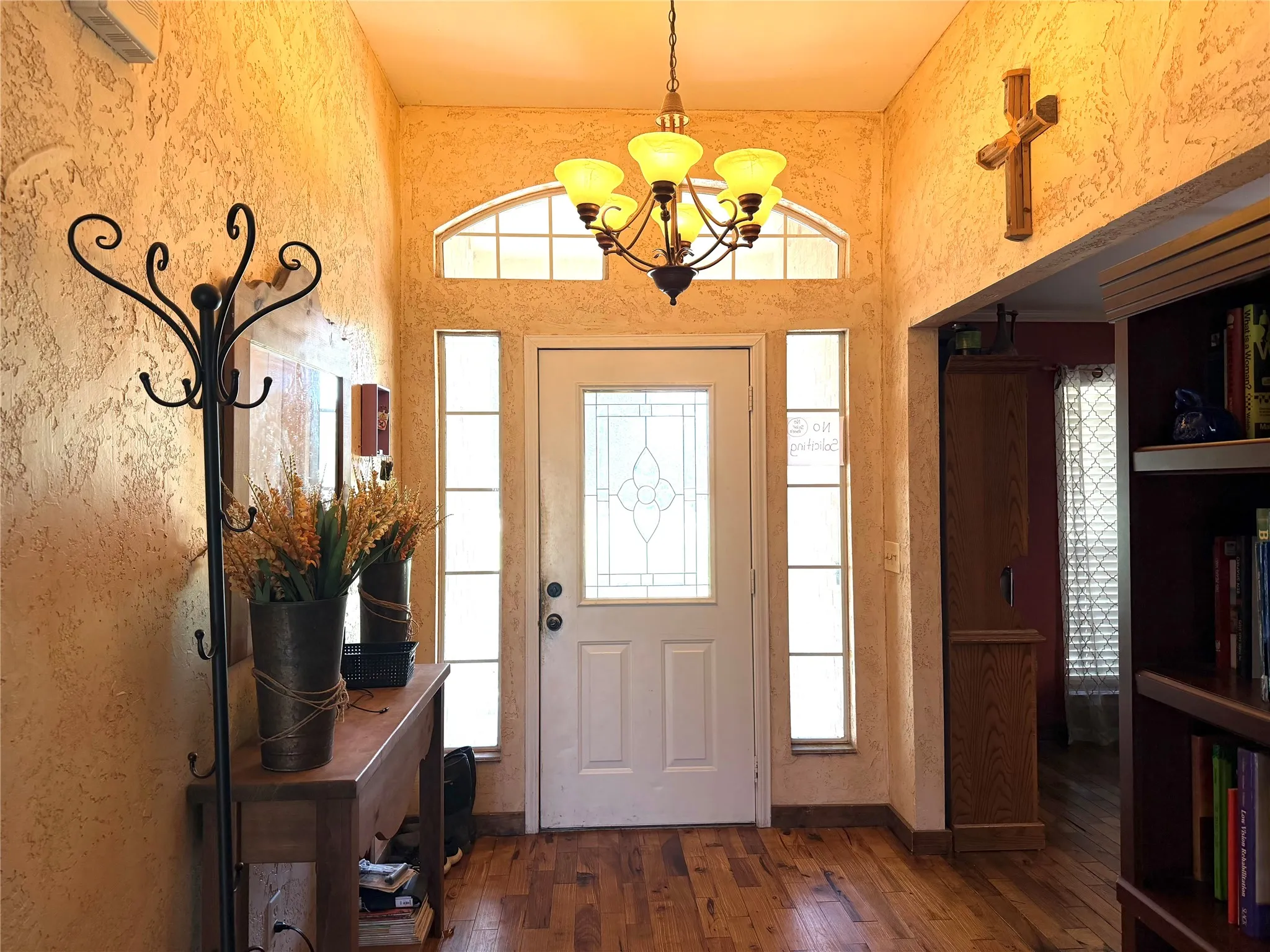 Entryway featuring a decorative transom window above the main door, flanked by two vertical sidelight windows