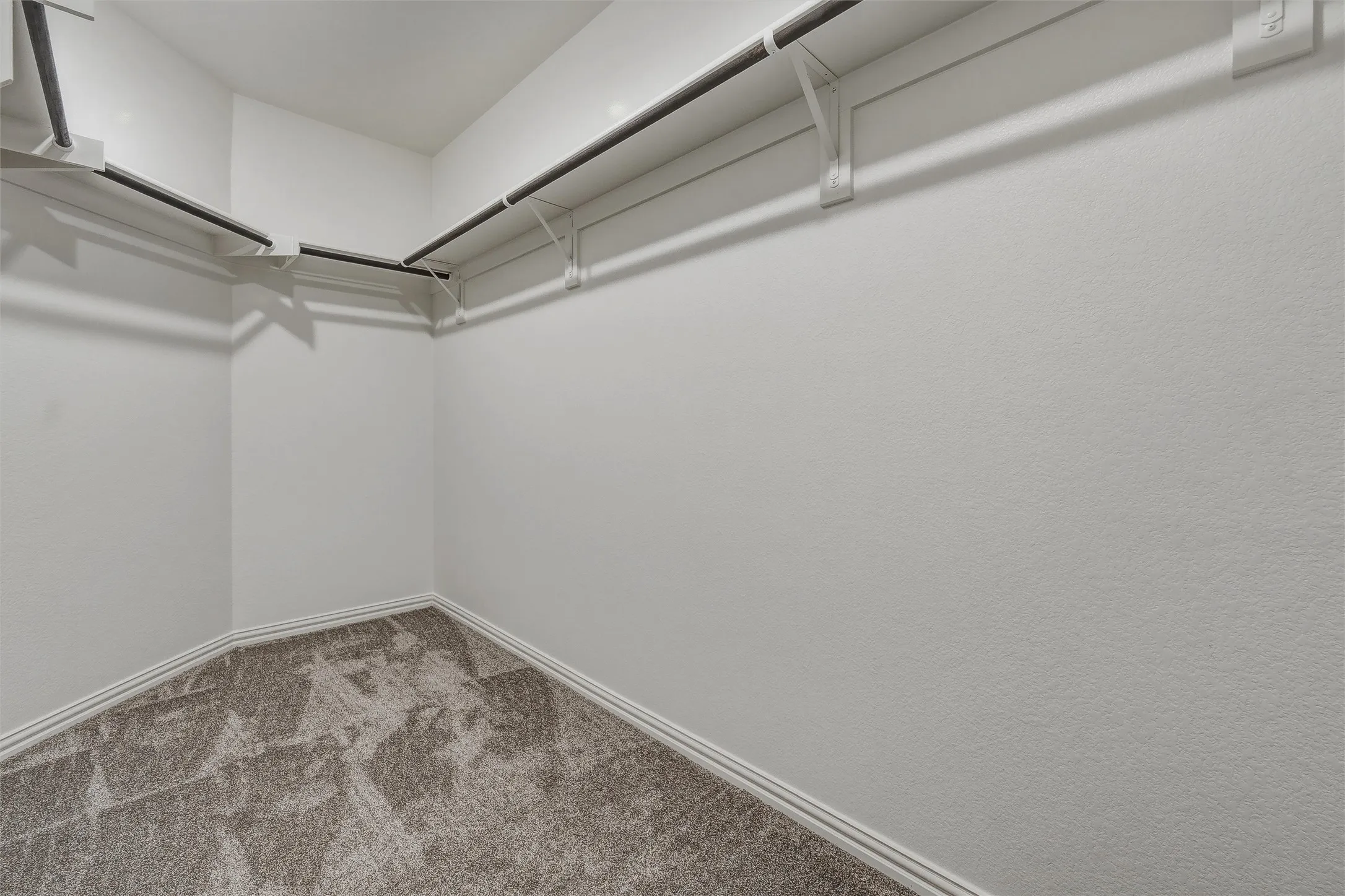 Wall-to-wall carpeting and built-in closet shelving with hanging rods