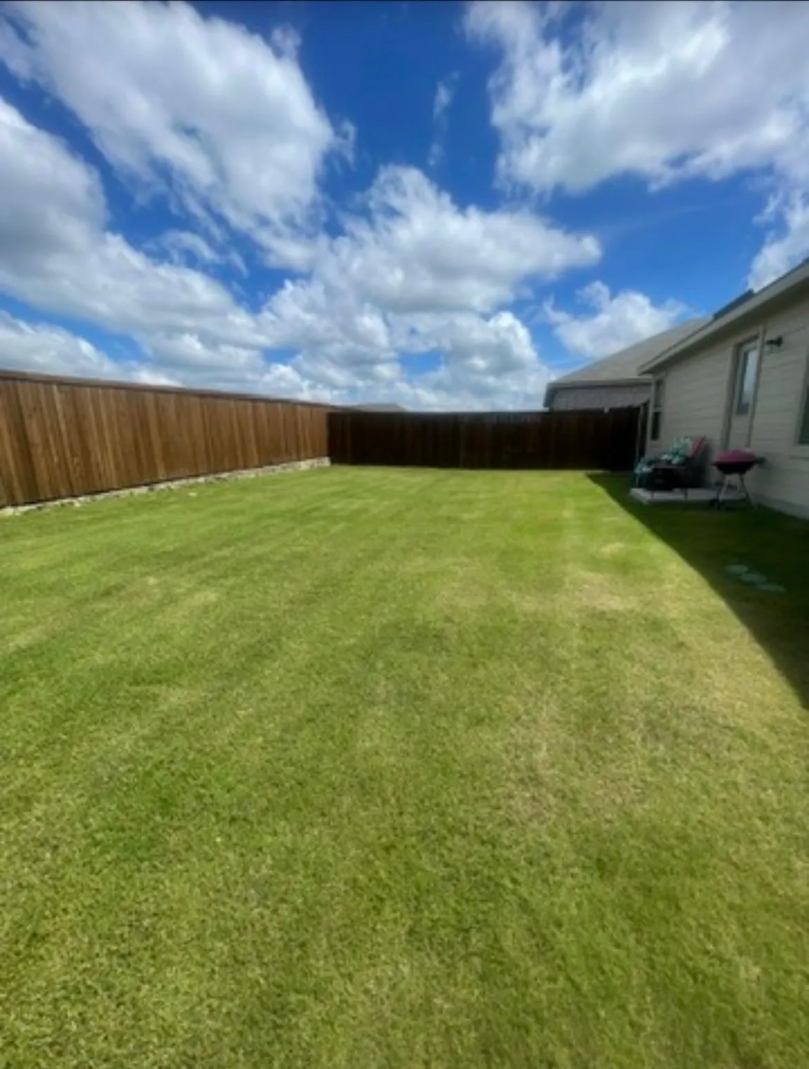 Expansive green lawn enclosed by tall wooden fencing