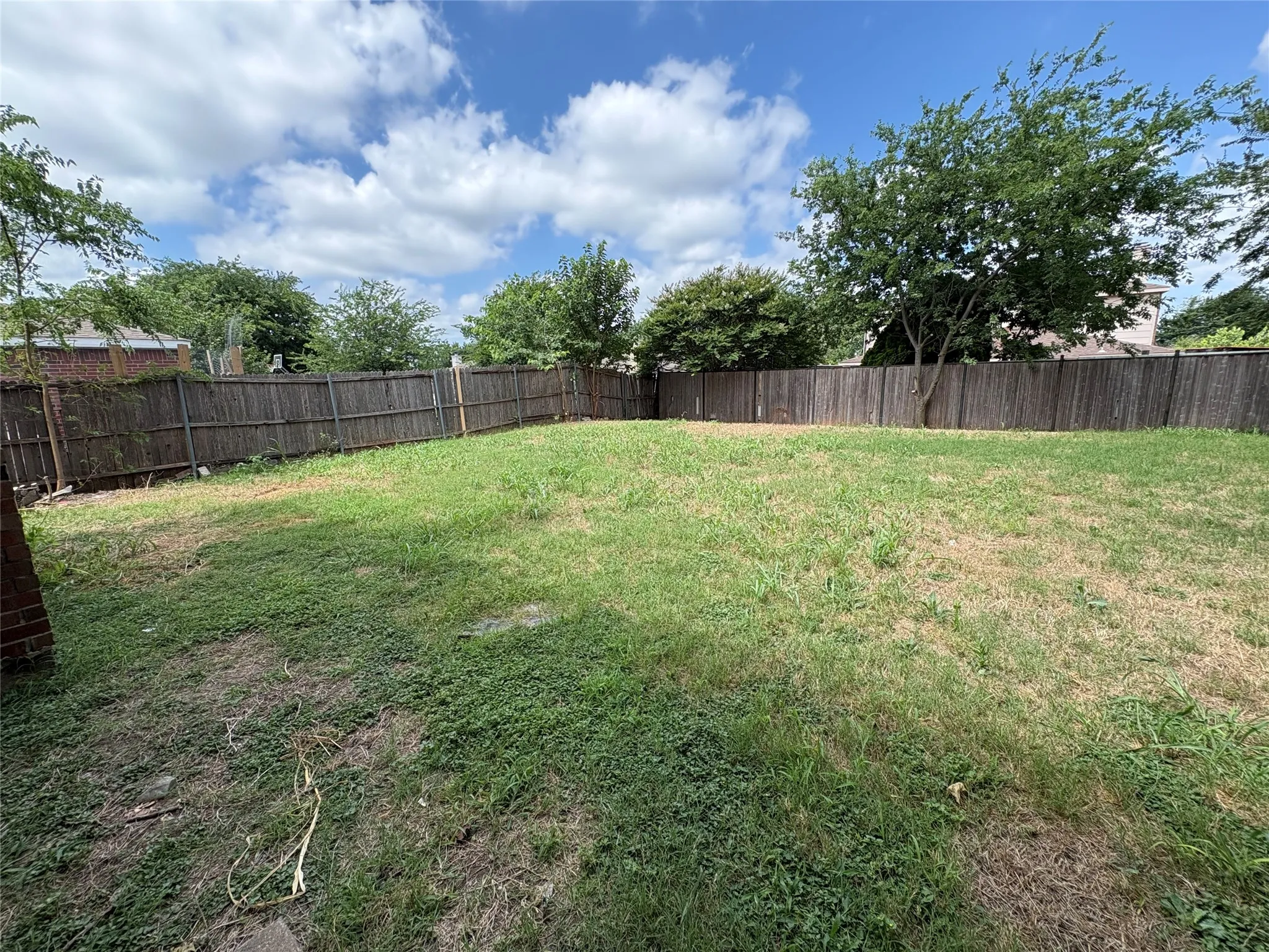 Expansive backyard with a wooden fence boundary and mature trees