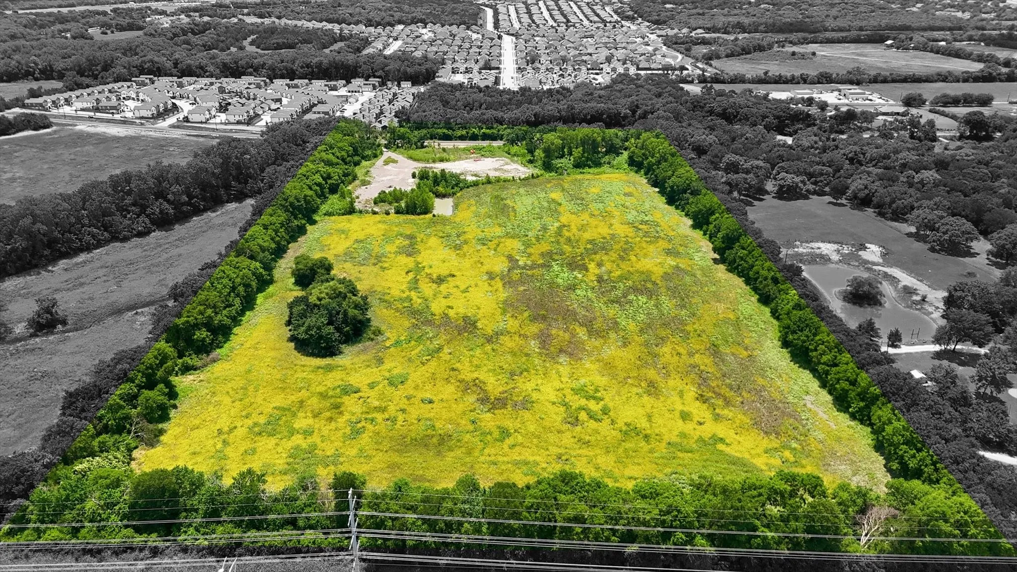 Expansive land parcel featuring open fields and mature tree lines