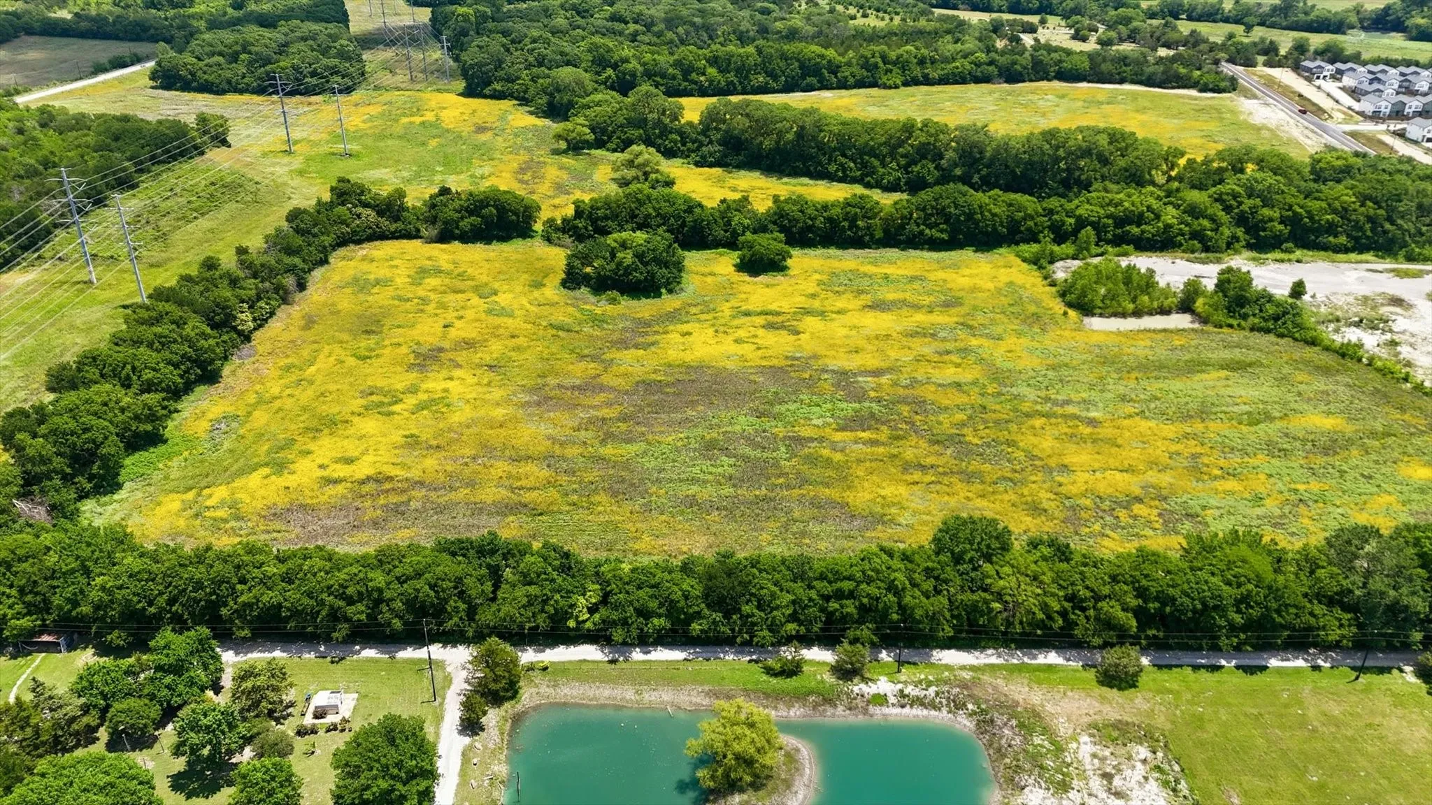 Expansive land parcel featuring an established tree line, open fields, and a distinct pond