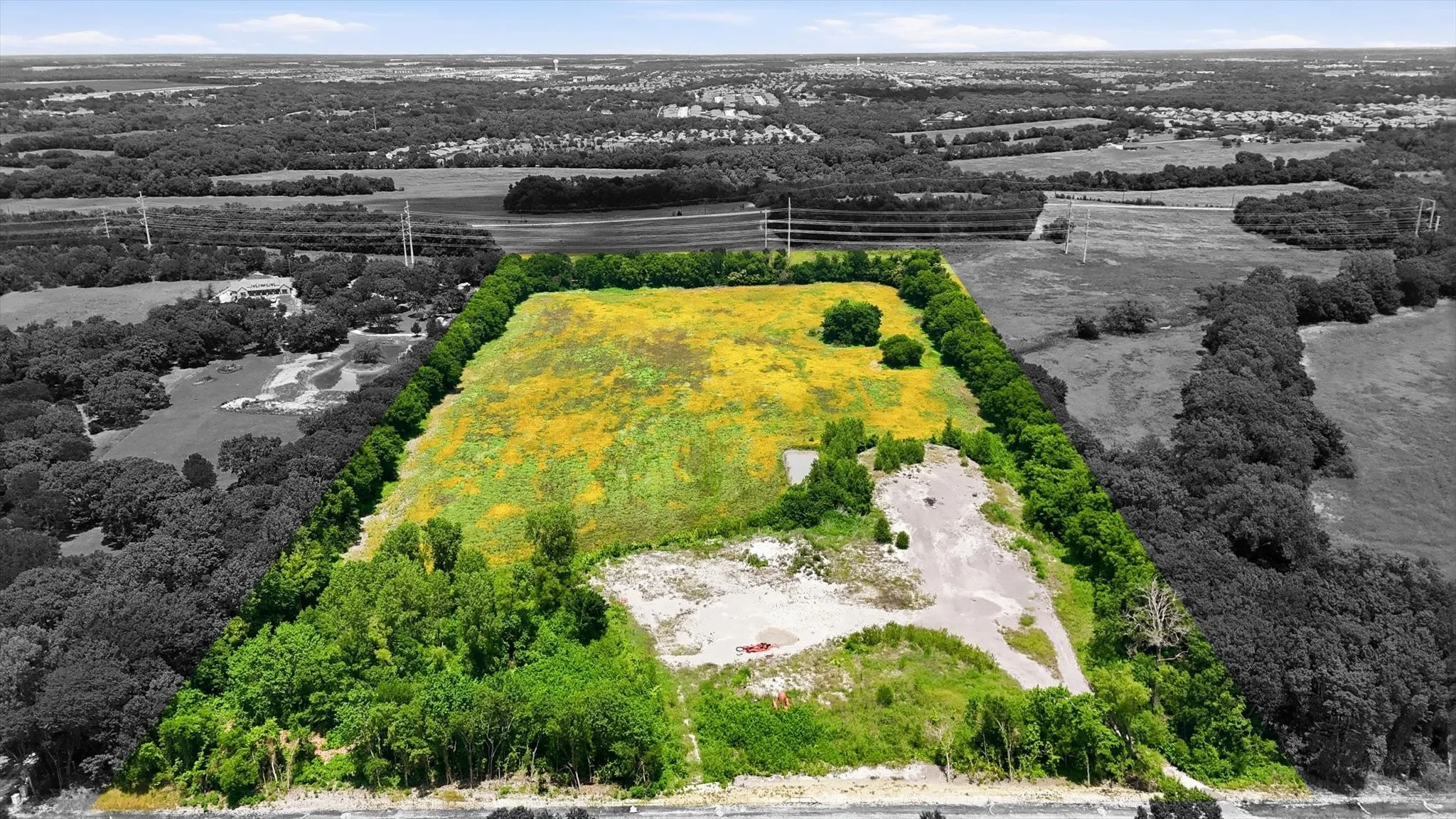 Expansive land parcel featuring natural growth, surrounded by a perimeter of mature trees