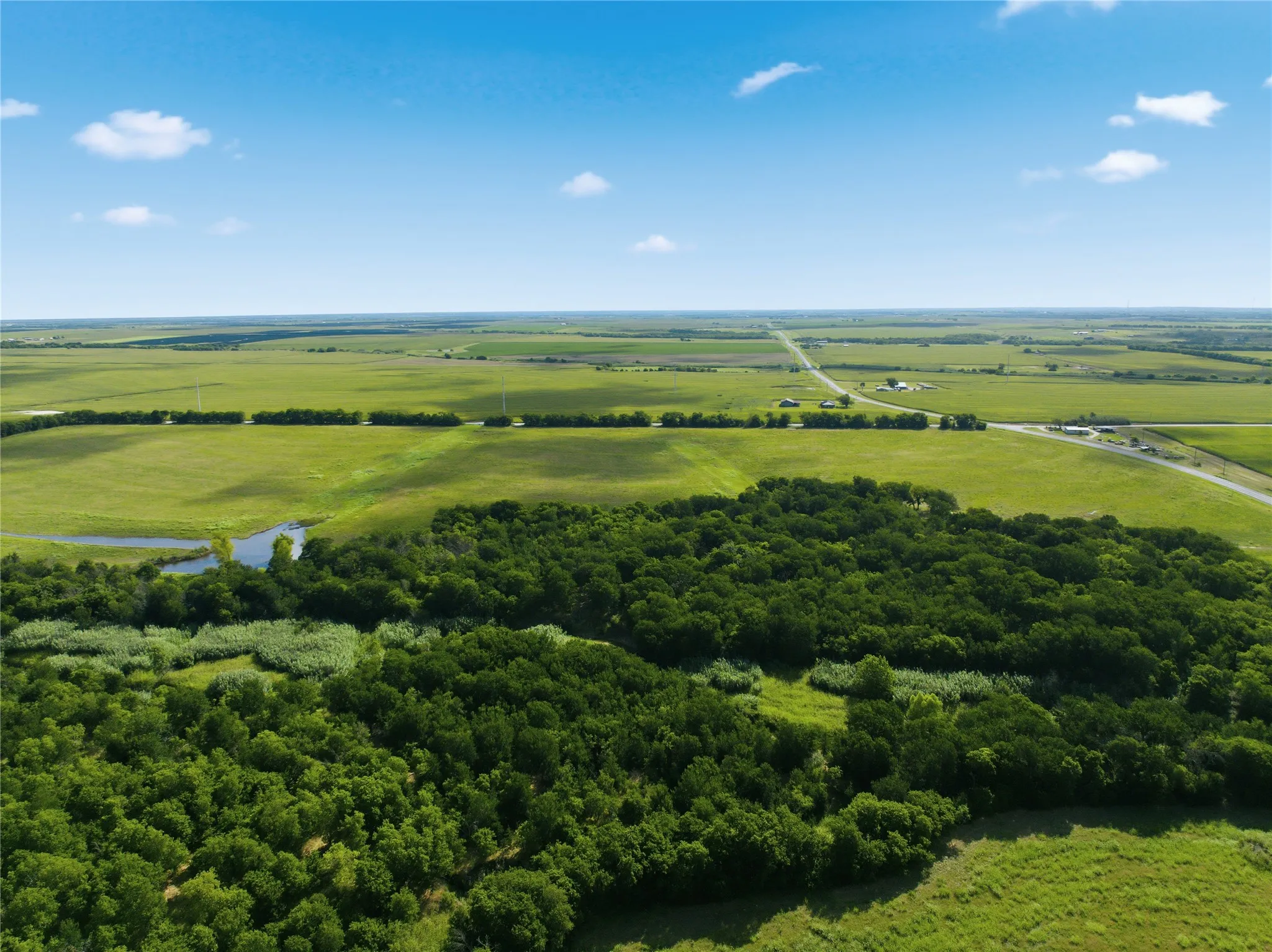 Expansive green acreage featuring dense tree coverage, open fields, and a visible water body
