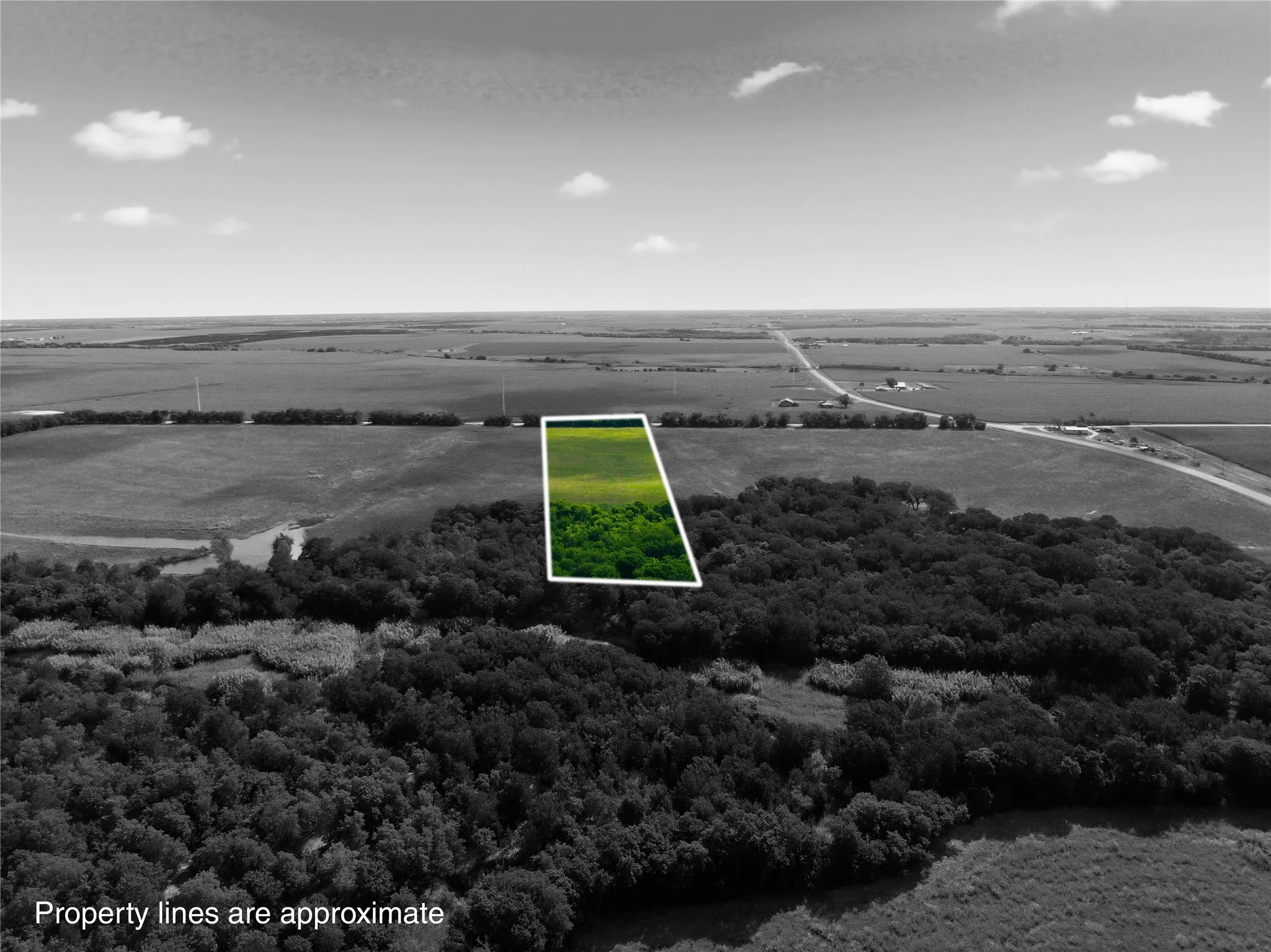 Expansive land parcel featuring open green space and dense tree lines
