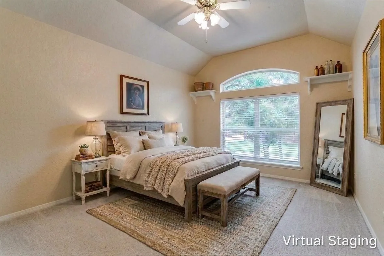 A comfortable secondary bedroom filled with natural light