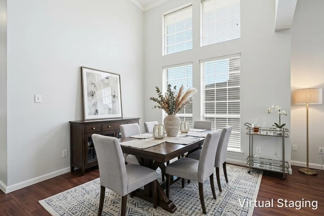 virtually staged combination living and dining rooms.