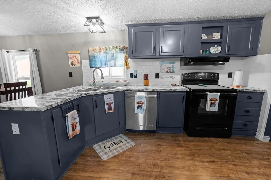 Kitchen has dual sink by the window, modern color scheme