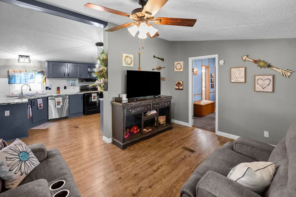 View from living room into kitchen