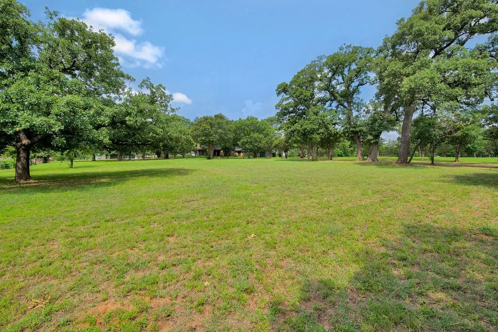 Expansive grassy acreage featuring numerous mature trees, providing ample natural shade