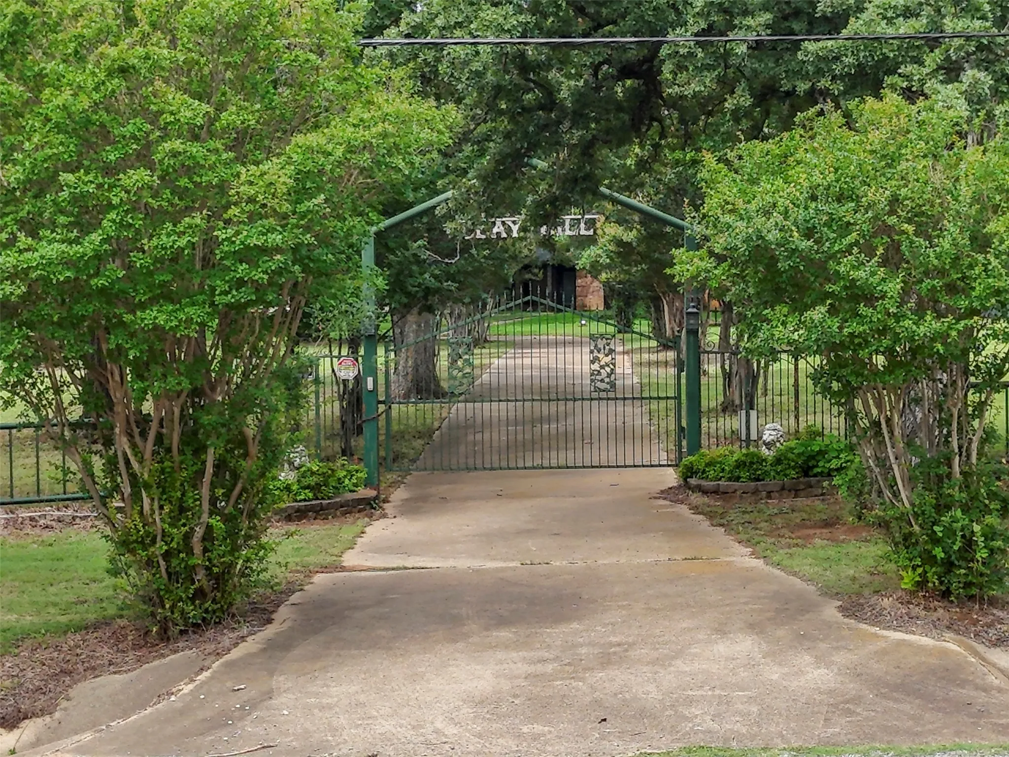 Entrance Gate From East Renfro.  Gated property entrance featuring a concrete driveway, ornamental metal gate, and mature landscaping.  There are 2 separate entrances.  One from Ryan Avenue and another from Renfro.