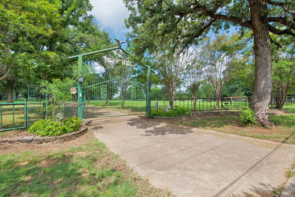 Gated property entrance featuring a metal archway, wrought iron fencing, a concrete driveway, and established trees.
