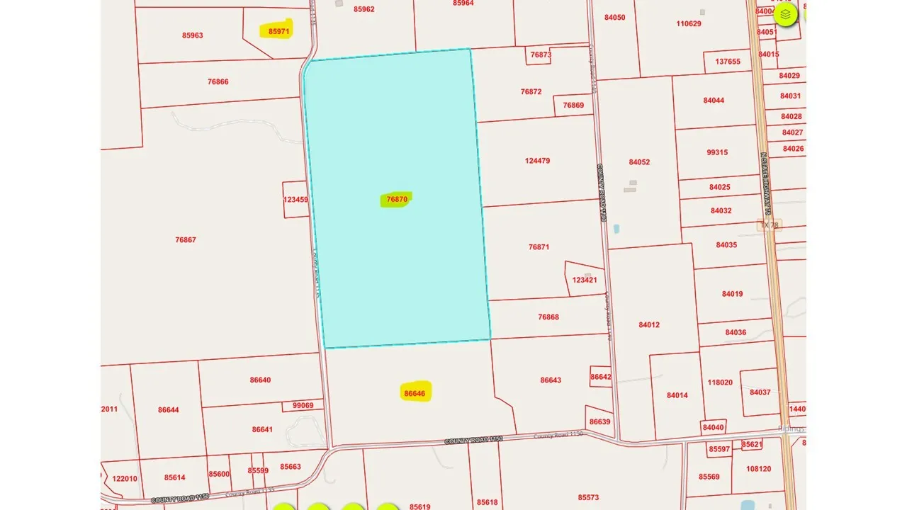 116 ac plot in the blue shaded area and 40 acre plot TX ID 86646 under the blue 116 acre plot totaling 157 acres, roads on the West and South side of the plots.