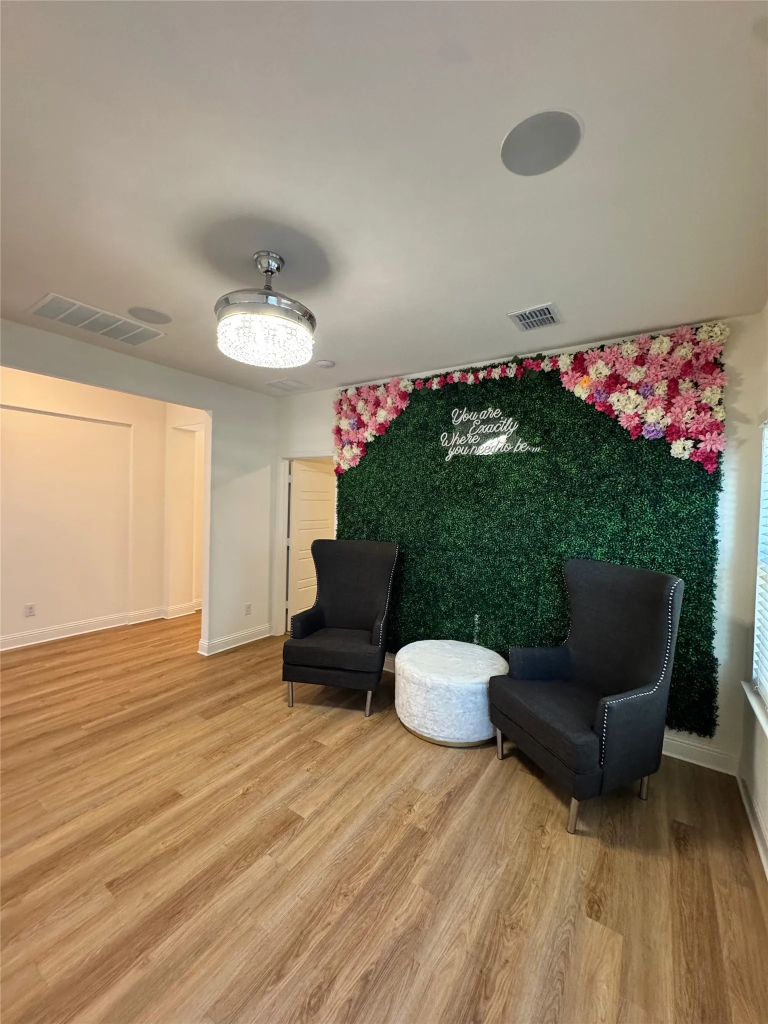 Design a  SIZABLE Workspace Office or 2nd Living Room with natural sunlight and designer ceiling fan