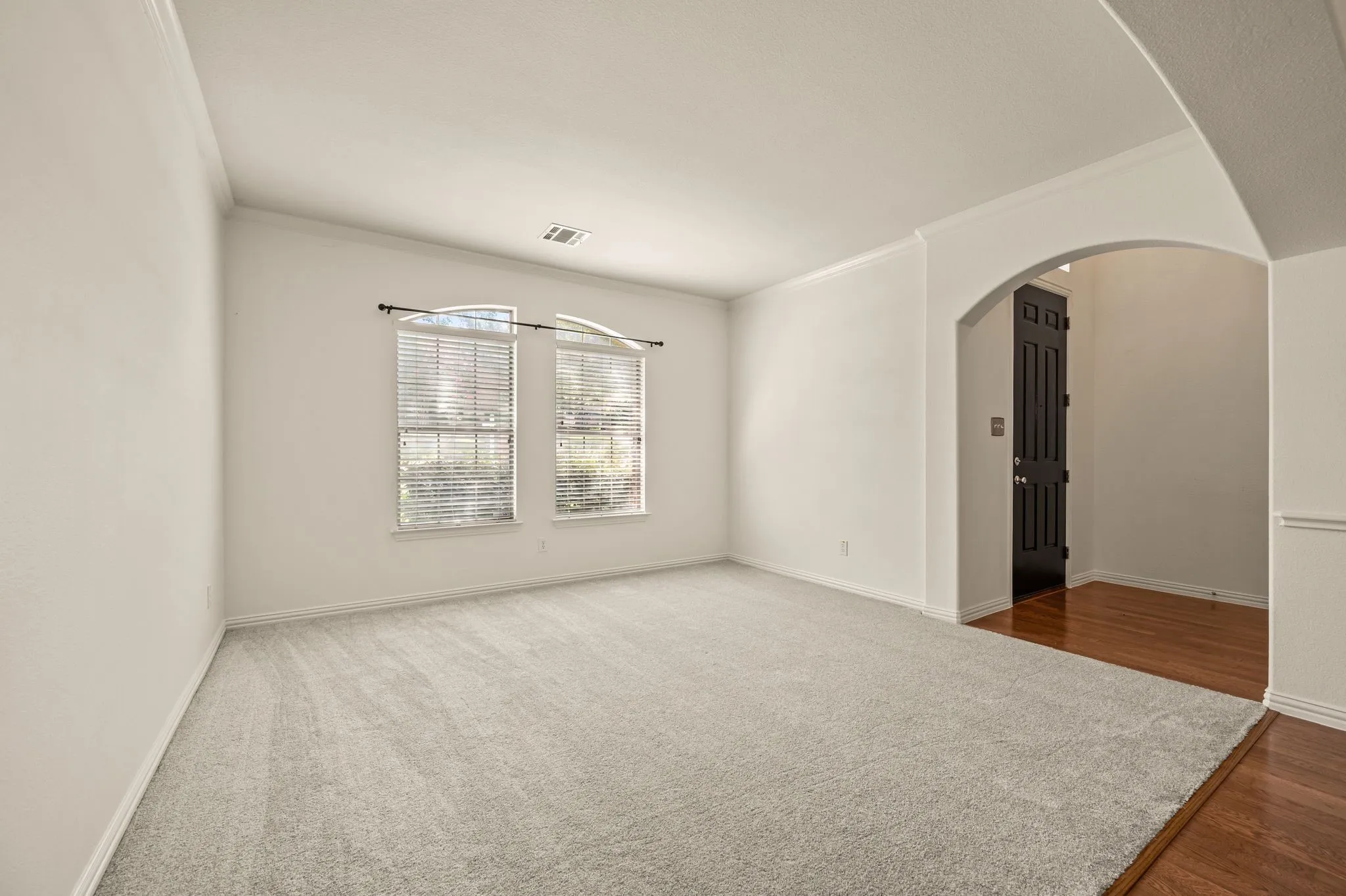 Bright room featuring light grey carpeting and an arched entryway