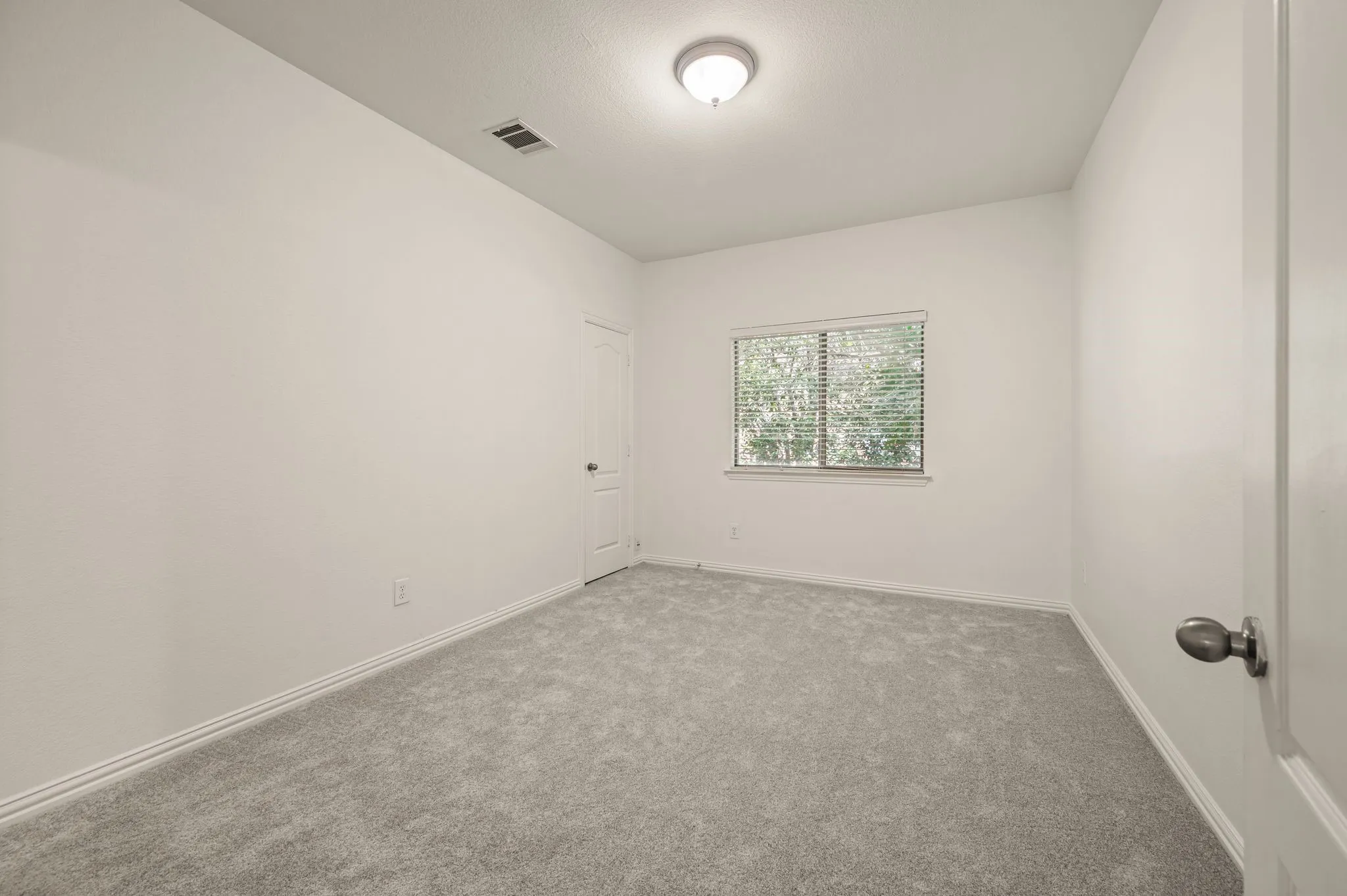 Carpeted room featuring a window with blinds, a ceiling-mounted light fixture, and two panel doors