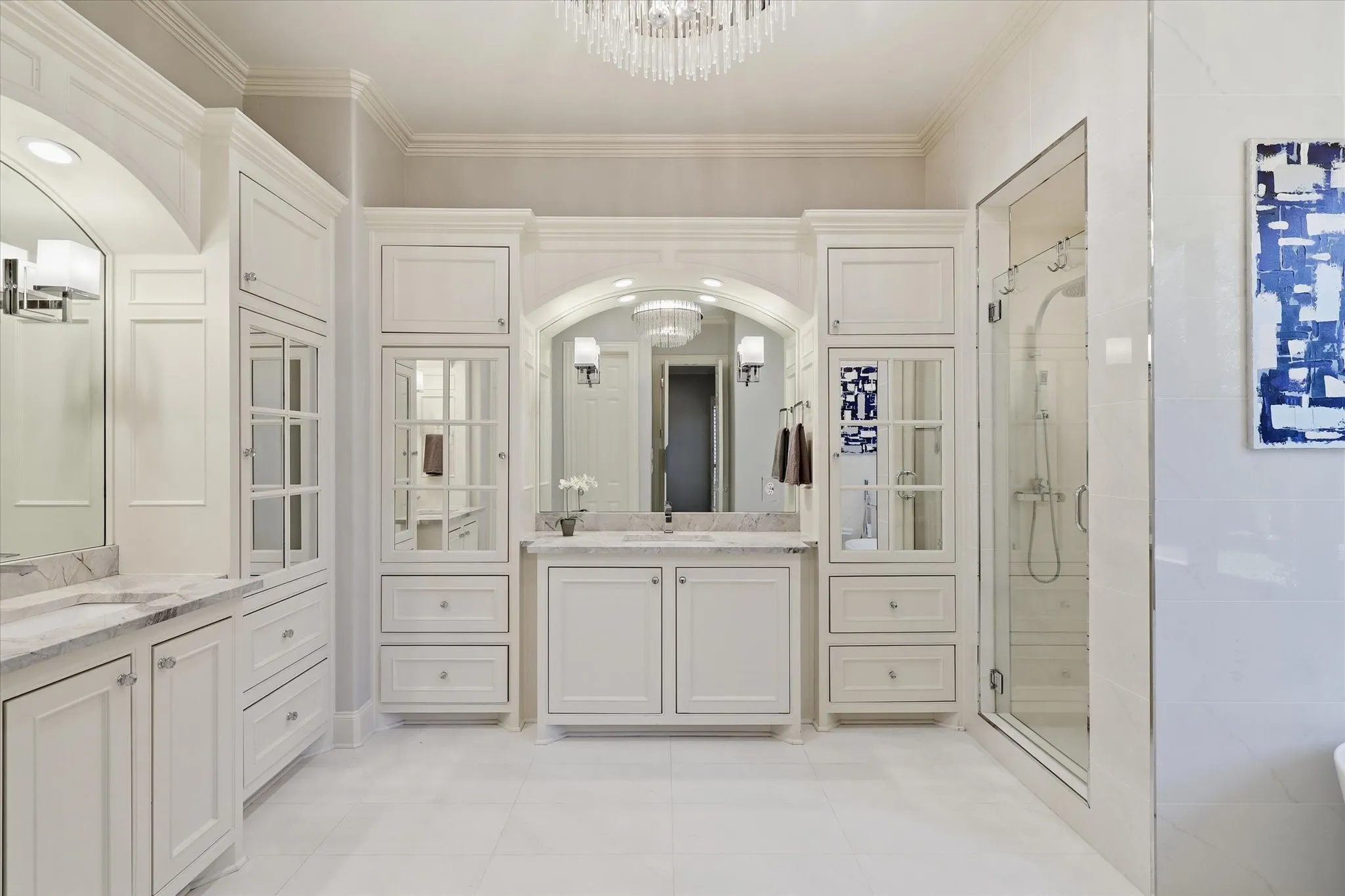 The primary Bath has been updated an includes split vanities, plenty of storage and a standing tub and separate shower.