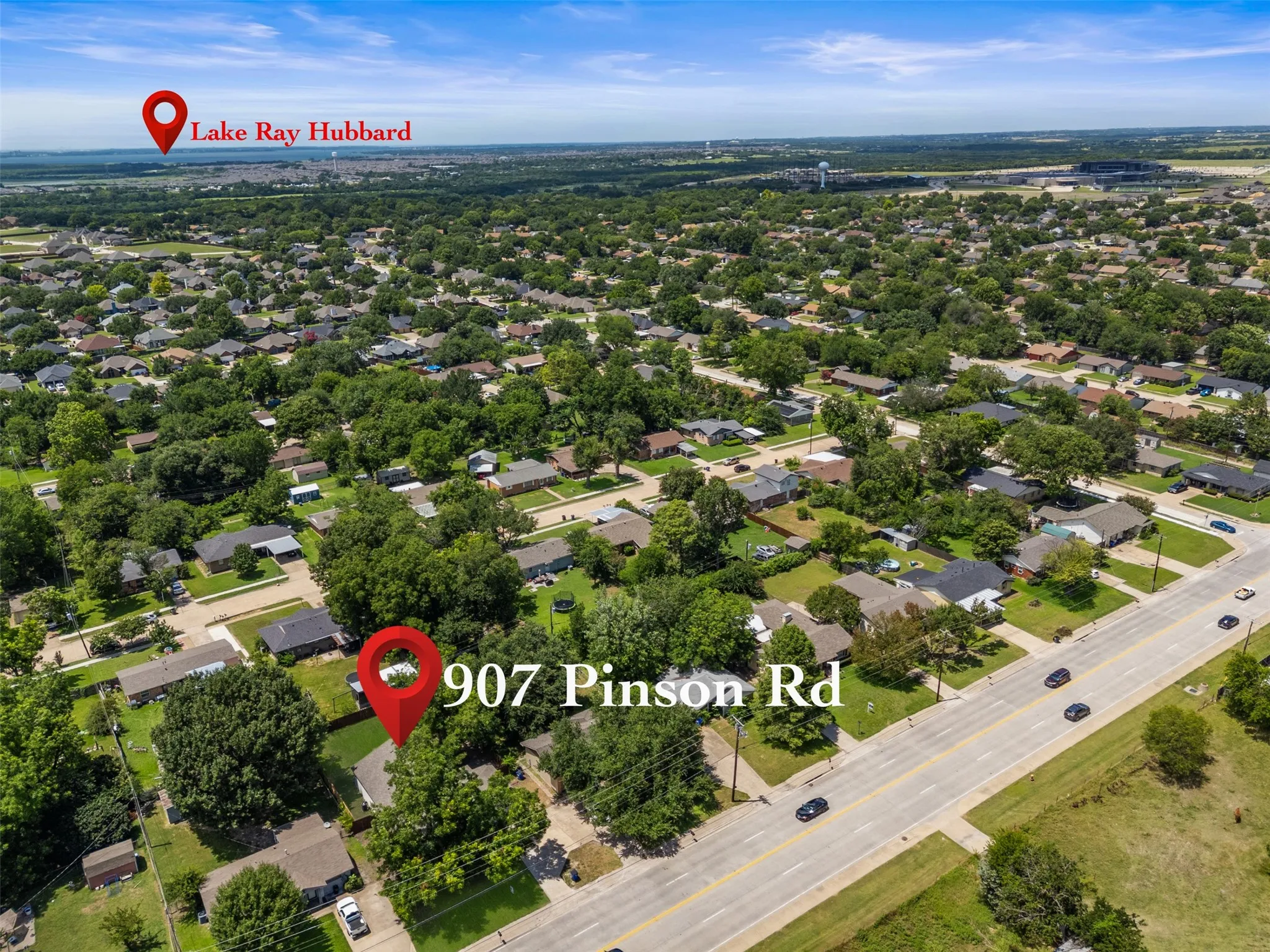 Aerial depiction of a residential neighborhood featuring established trees